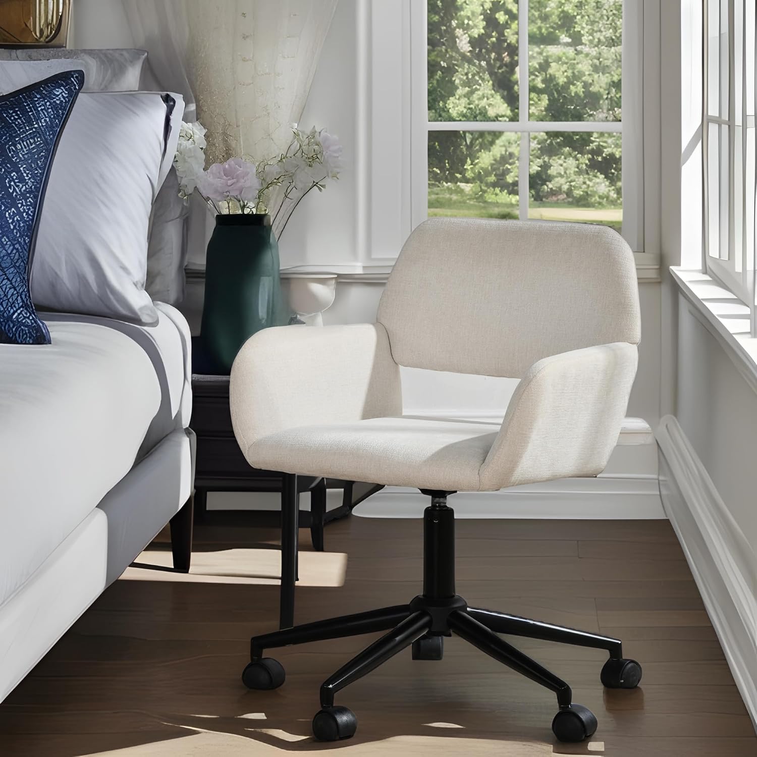 Homy Casa Modern Mid Back Office Chair with Comfy Fabric, Swivel Computer Desk Chair with Armrest and Hollow Back Design for Home Office, Beige