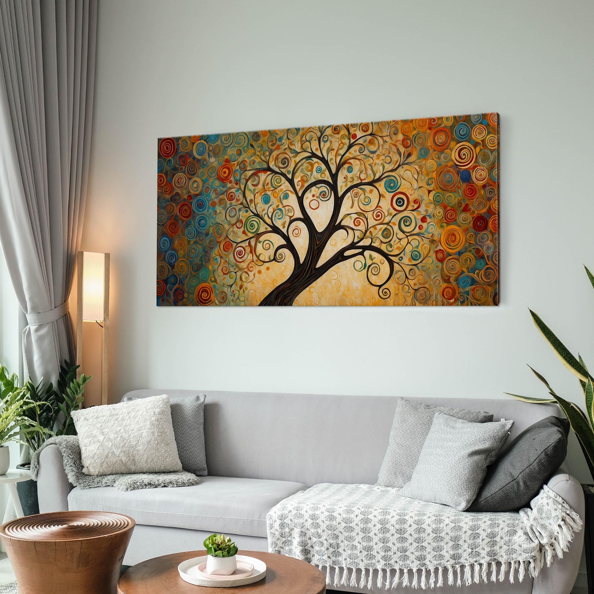 CheQuadro! Quadro moderno soggiorno, orizzontale lungo, Albero della Vita con Spirali Colorate e Sfondo Dorato, su tela, intelaiato pronto da appendere bow3-90x40 cm