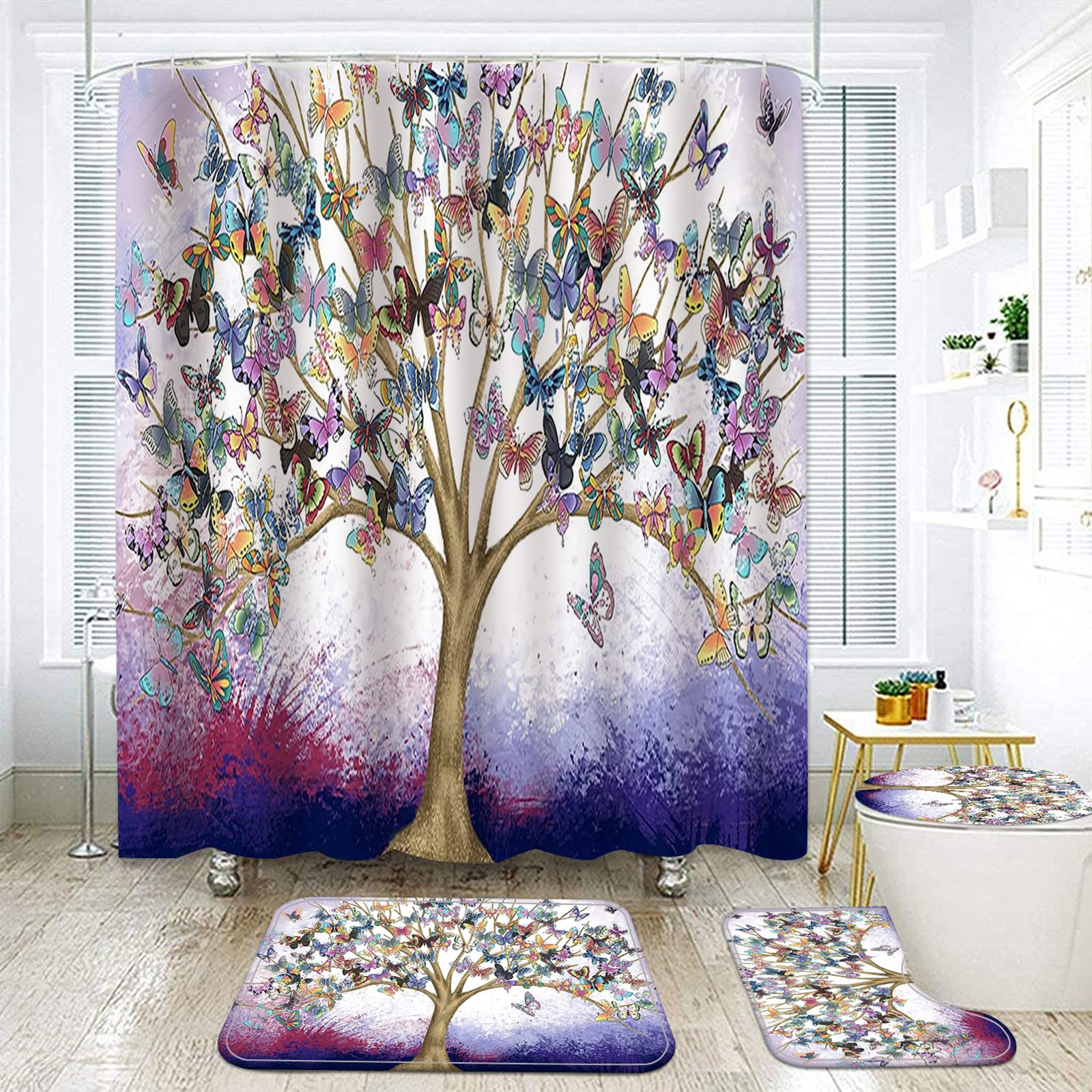 4 Pcs/ Set Flowers and Butterflies Shower Curtain with Bath Rugs Bathroom Accessory Sets ,Yellow Floral Butterfly Bathtub Curtains Area Rug Mats Toilet Lid Cover Hooks Mats Decor (Tree for Life)
