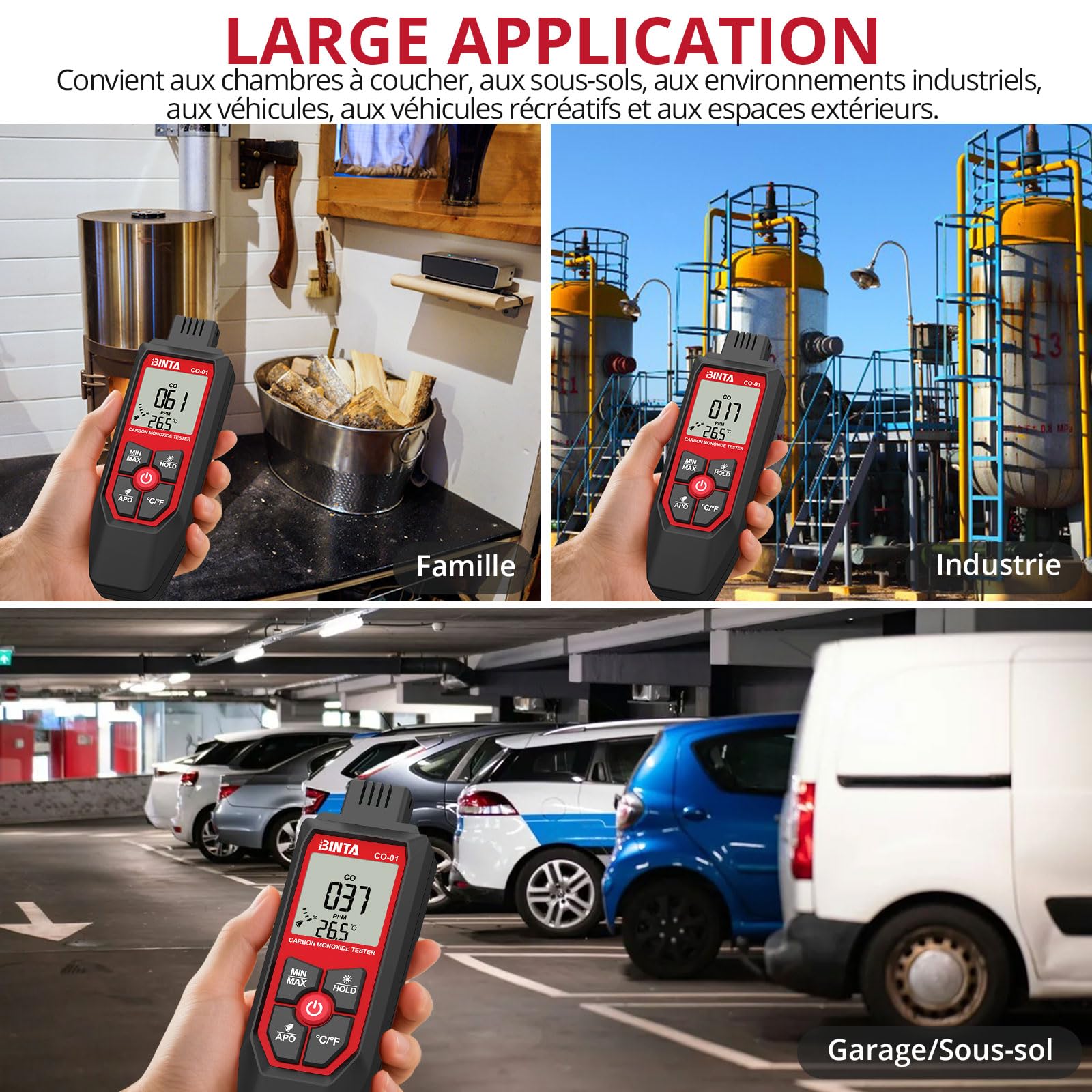 BINTA Détecteur CO Portable (0-1000 PPM), Testeur De Monoxyde De Carbone avec Alarme Sonore Et Visuelle, Écran LCD Rétroéclairé, Capteur De Température, pour Maison, Garage, Voiture, Camping