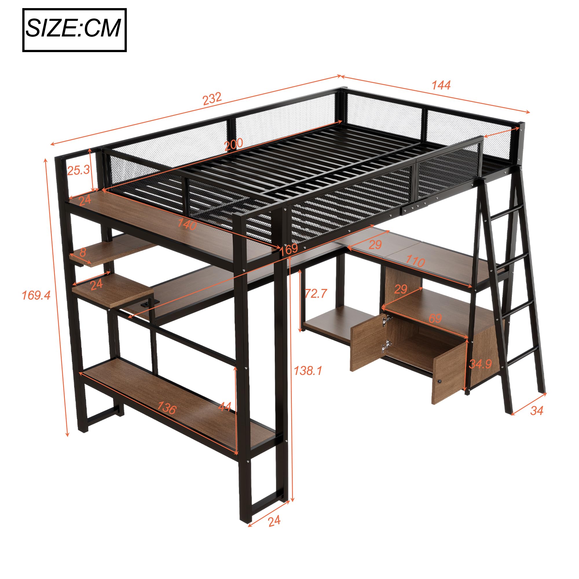 Lit mezzanine de jeu en métal, 140 x 200 cm, noir, avec bureau, éclairage LED, station de charge, espace de rangement, 232 x 144 x 169,4 cm