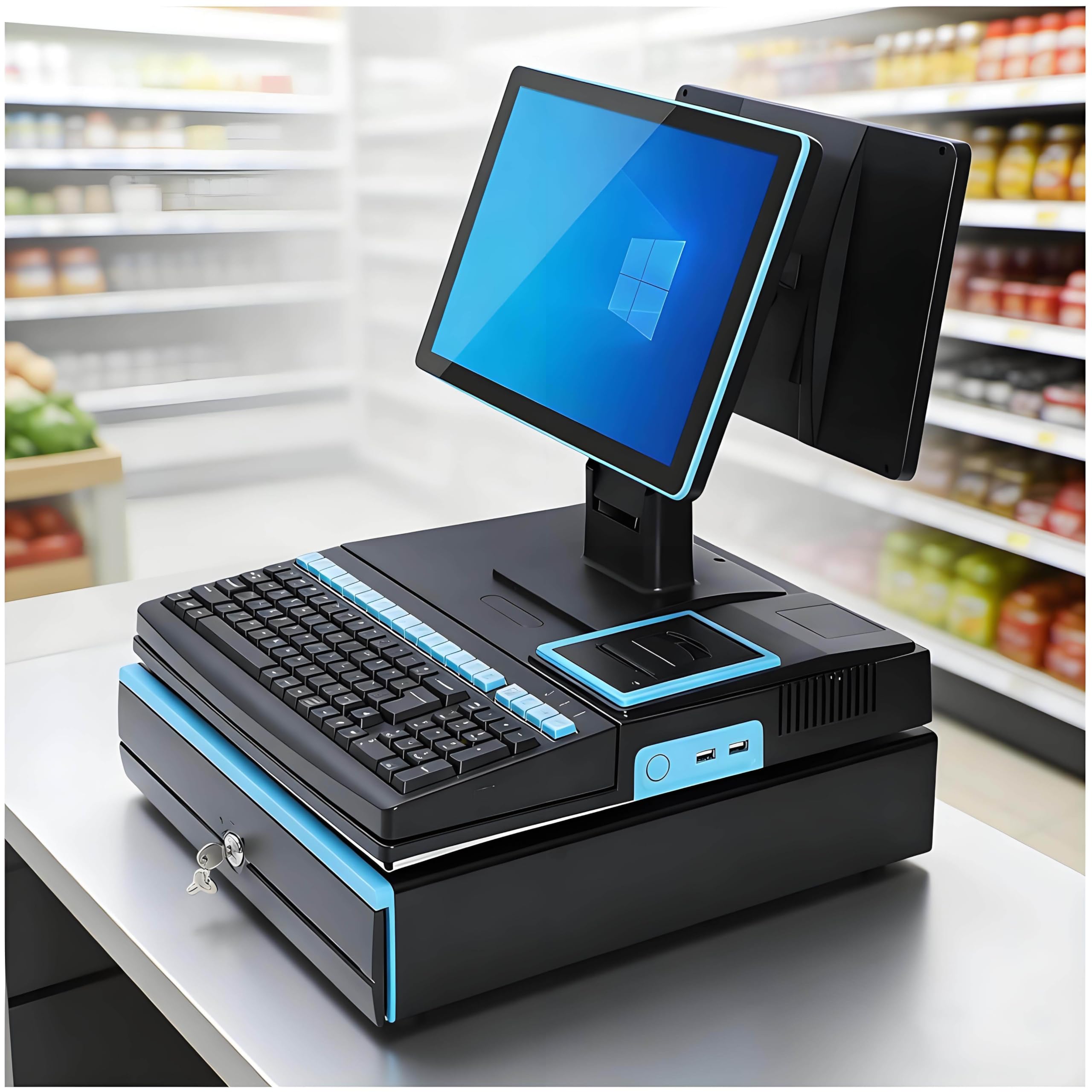 Inteligentny System Kasy Fiskalnej, Kasa Fiskalna All-in-One,Zarządzanie Klawiszami Klawiatury Komercyjna Kasa Fiskalna z Obracanym dla Handlu Detalicznego i Gastronomii DualScreen-Black&Blue