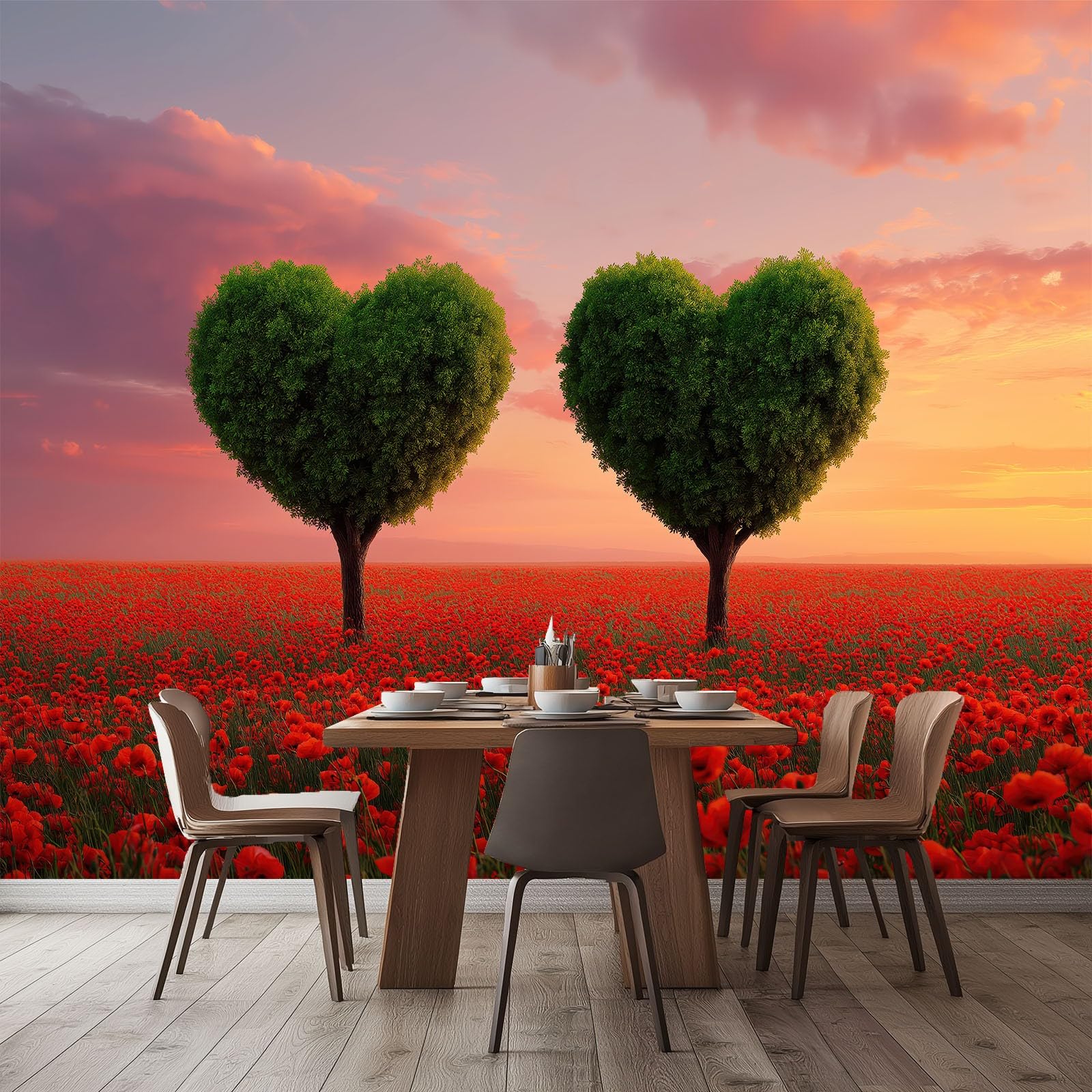 Vlies-fototapete Blumenwiese Herzförmiger Baum, 300x210 cm 3D Wandbild