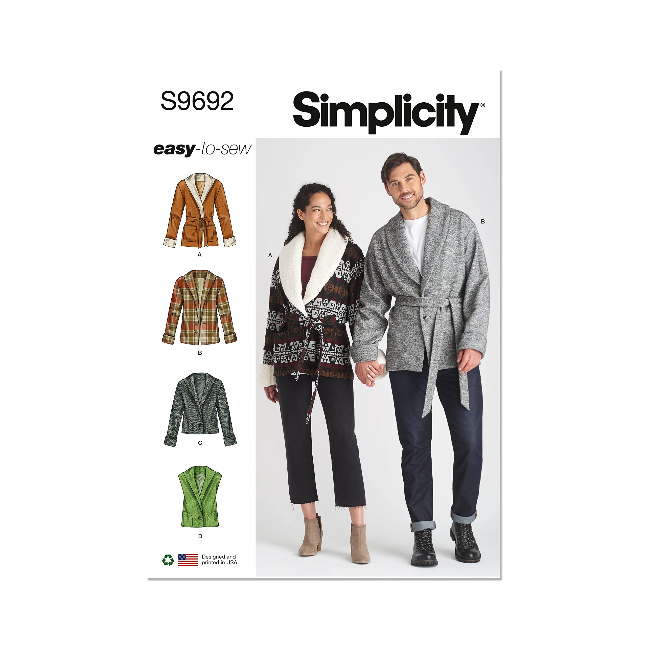 Simplicity Easy SEWING PATTERN S9692 Unisex Jacket,Vest & Belt Sizes XS-XXL
