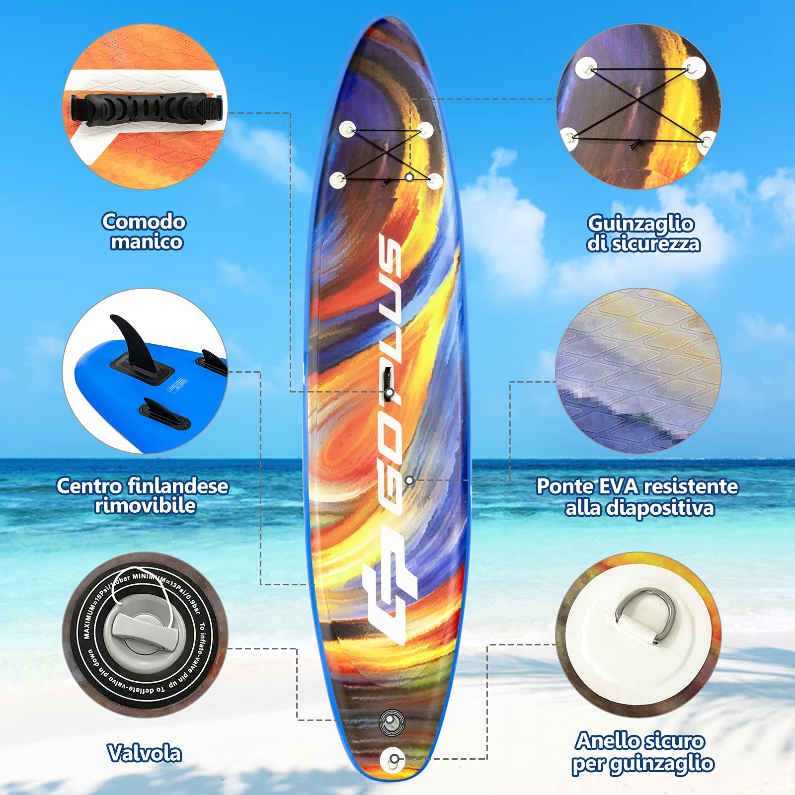 COSTWAY SUP Gonfiabile 335/320 cm, Stand Up Paddle Gonfiabile con Pinne, Leash, Pagaia, Pompa, Kit di Riparazione e Borsa, Carico Massimo 120 kg