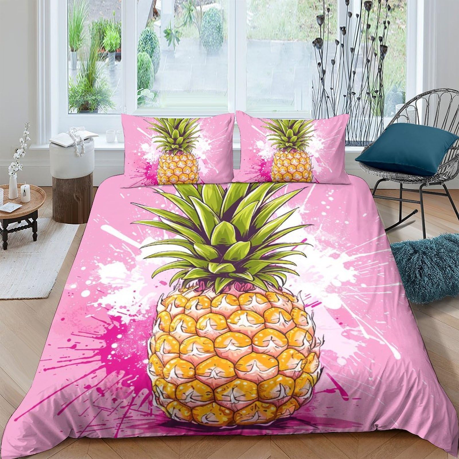 P5V6M1Q9 3D Printed Pineapple Splash Duvet Cover Microfiber Soft Breathable Tropical Fruit Bedding Set with 2 Pillowcases for Bedroom Decor Single（135x200cm）