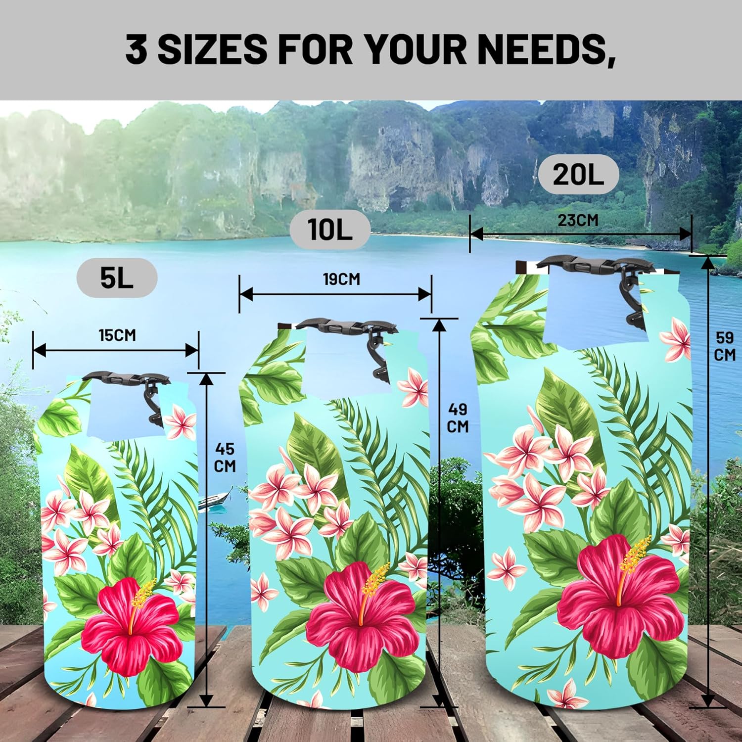 Waterproof Dry Bag,Roll Top Tropical Summer Watercolor Hibiscus Small Waterproof Backpack 5L/10L/20L Floating Lightweight Bags for Kayaking, Boating, Swimming Camping with Waterproof Phone Case - Image 6