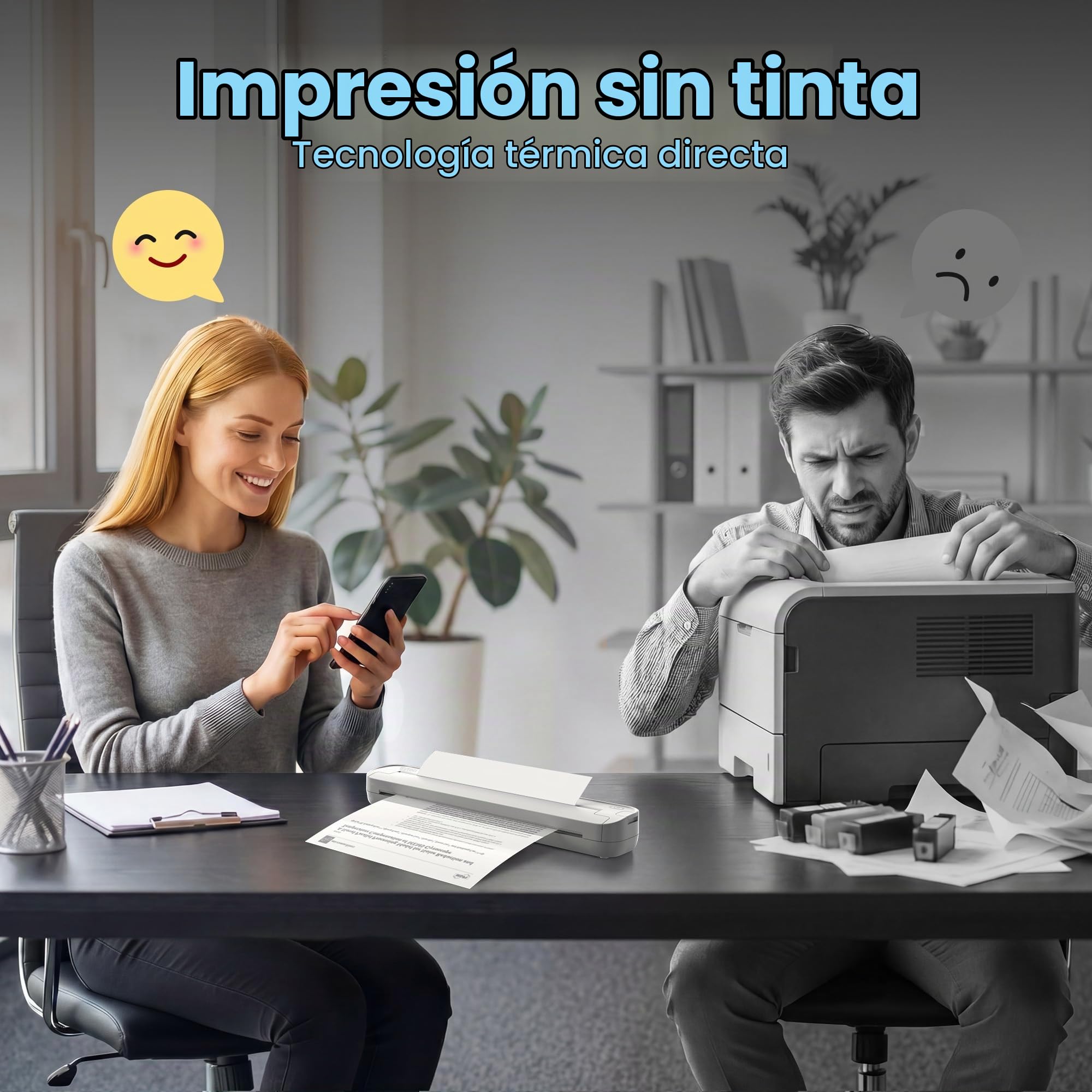 Impresora Portátil, Impresora Térmica Bluetooth de Viaje, Compatible con iPhone Android y PC, para Teletrabajo, Coche, Plantillas Tatuajes, Blanco