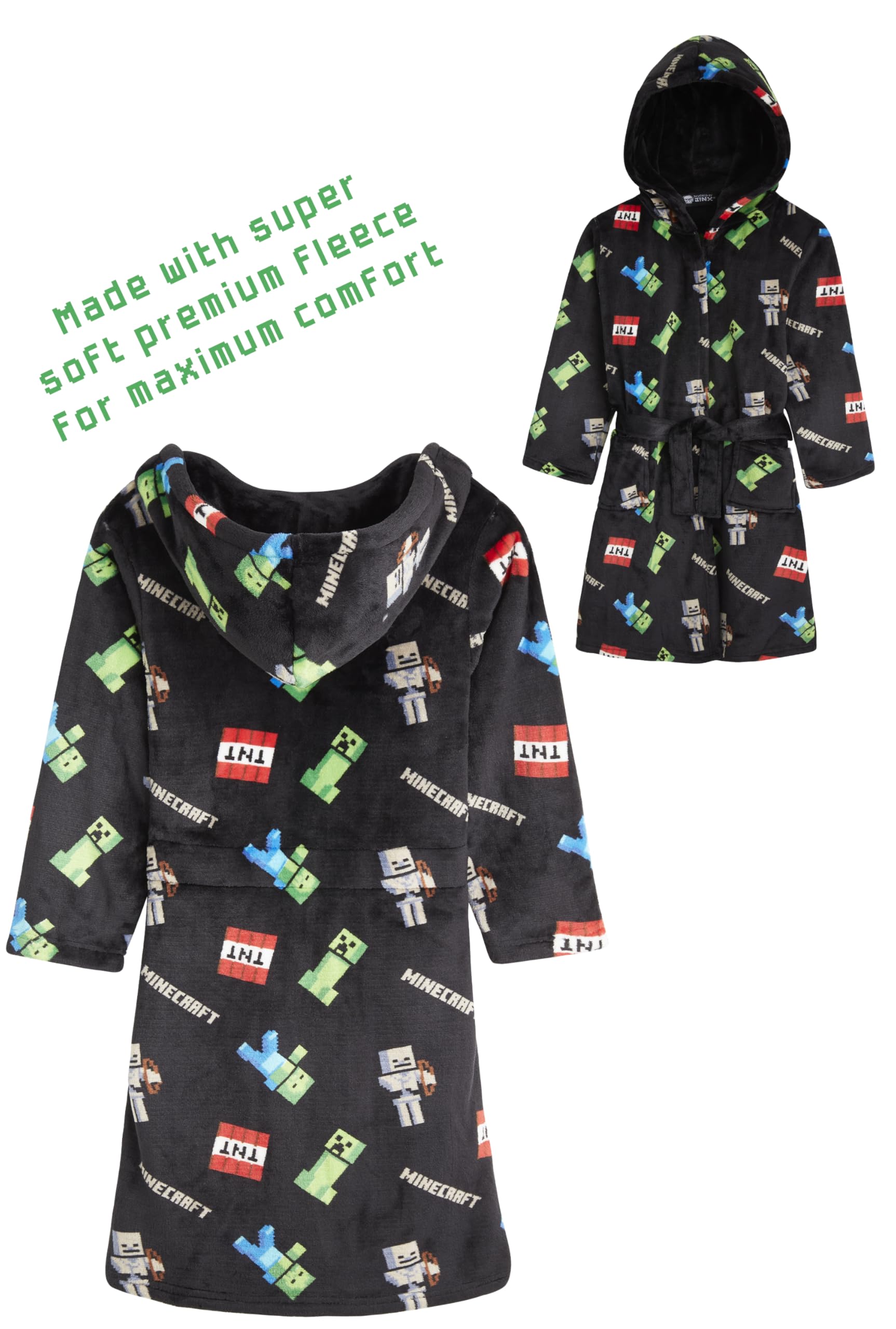 Minecraft Albornoz Niños Creeper Bata Adolescente en Felpa Suave con Capucha Cinturón y Bolsillos Ropa de Dormir Regalos para Niños