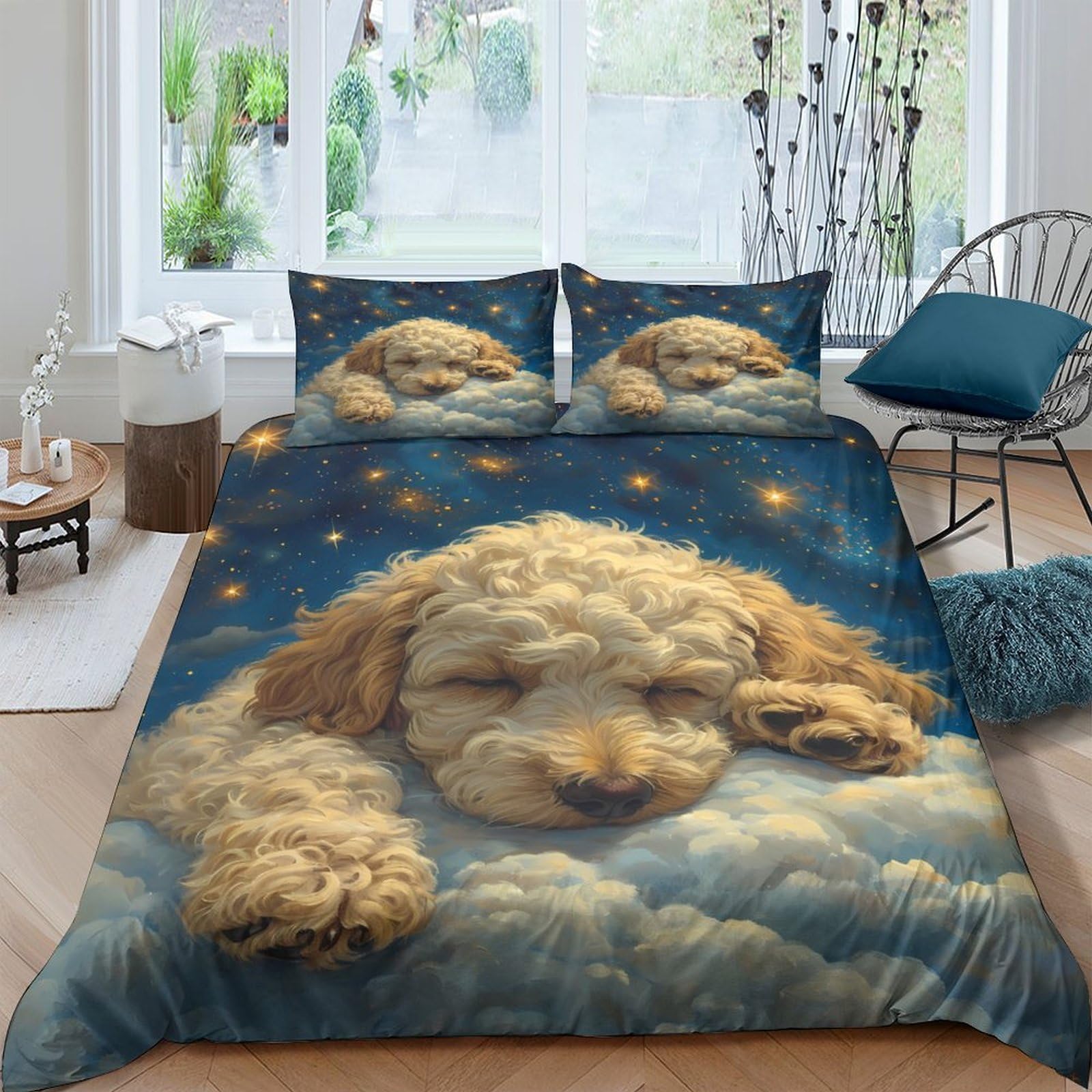 Ctjqhvkz Style-3 3D Printed Sleeping Puppy Fitted Sheet Microfiber Soft Starry Sky Mattress Cover Bedroom Decor Machine Washable Single（135X200cm）
