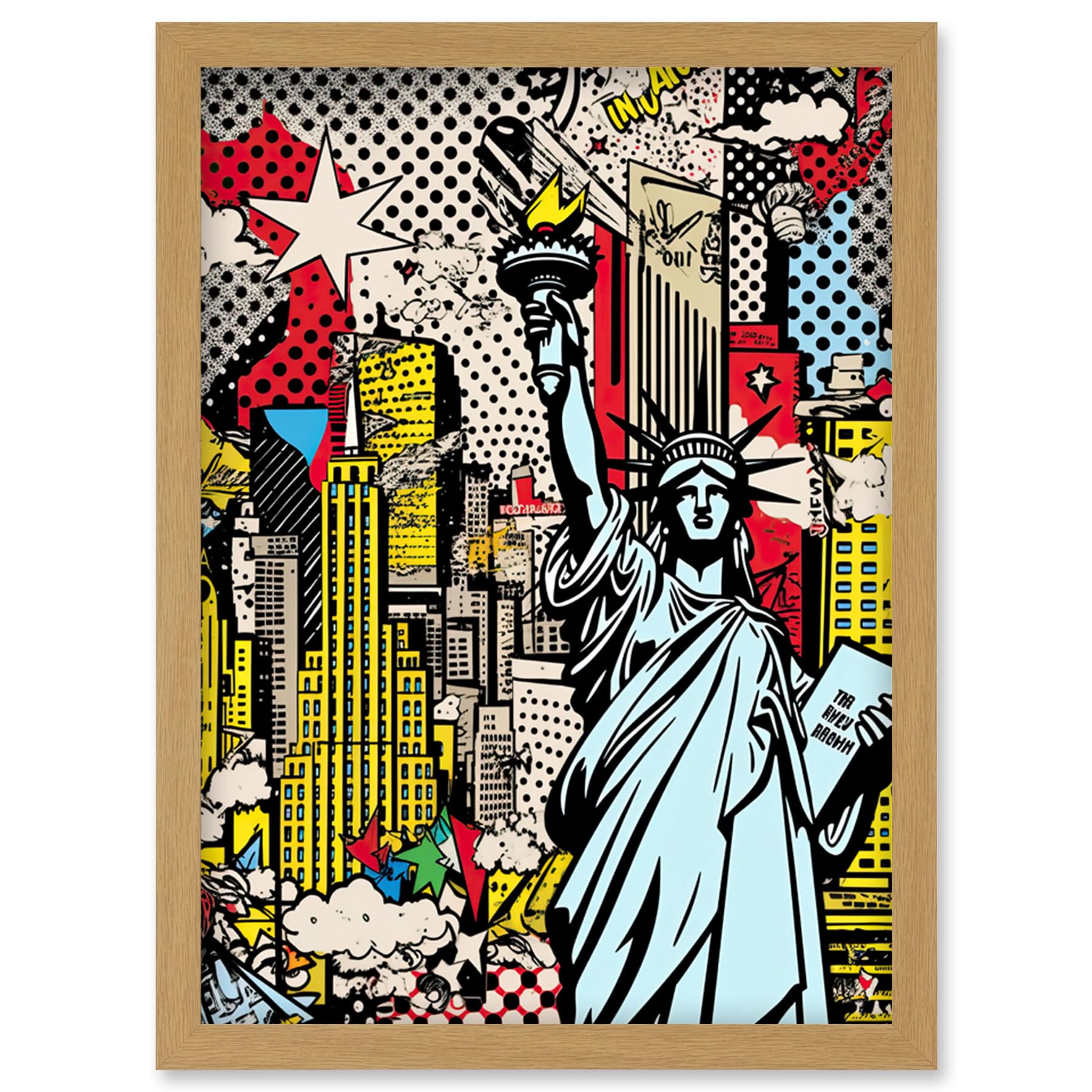 Artery8 New York City Skyline Statue of Liberty Pop Art Comic Book Style American Dream Artwork Framed Wall Art Print A4