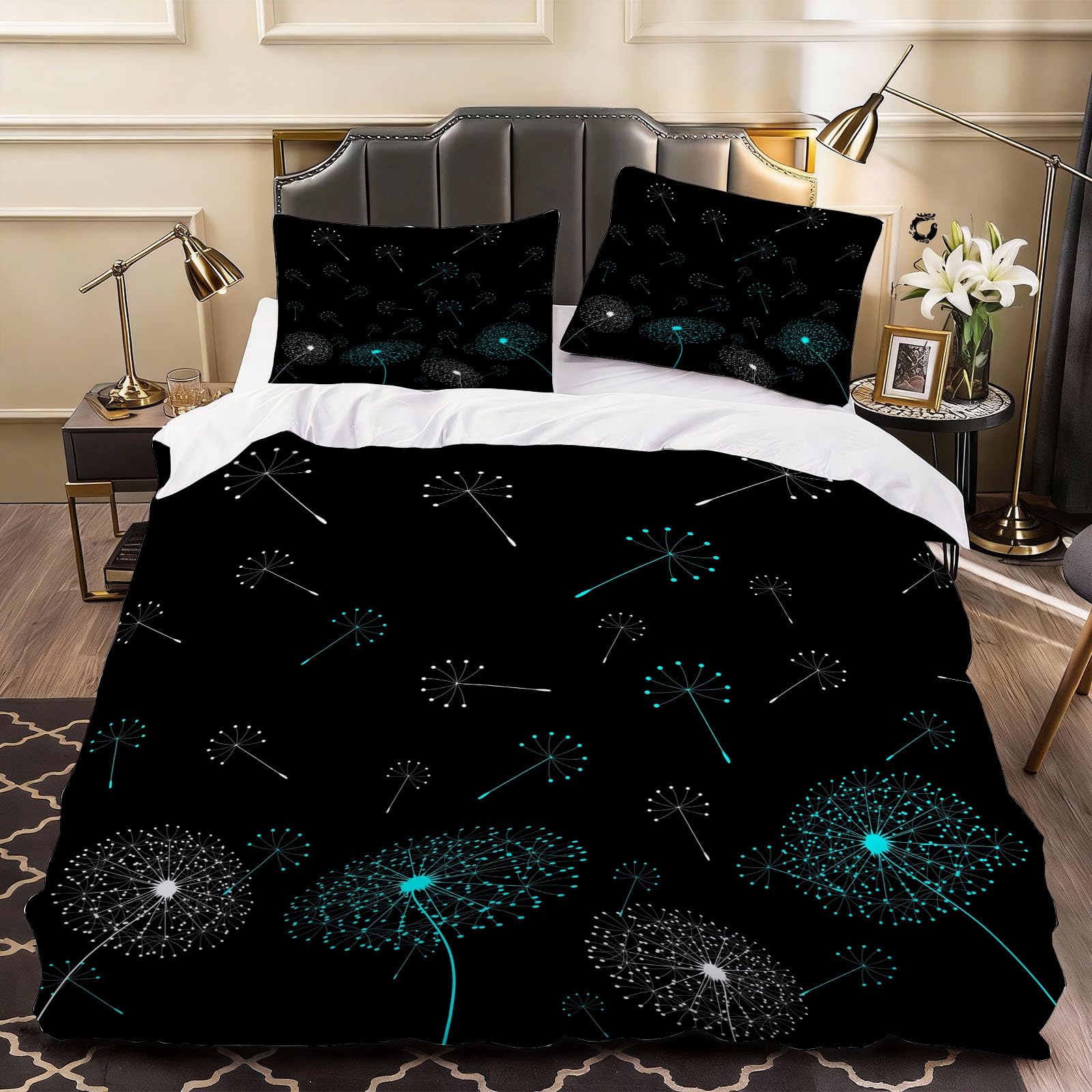 3D Dandelion Duvet Cover Minimalistic Bedding Double Bed Set, Soft Microfiber Comforter Cover Printed with Zipper Closure Quilt Coverr 200x200 cm and 2 Pillowcases