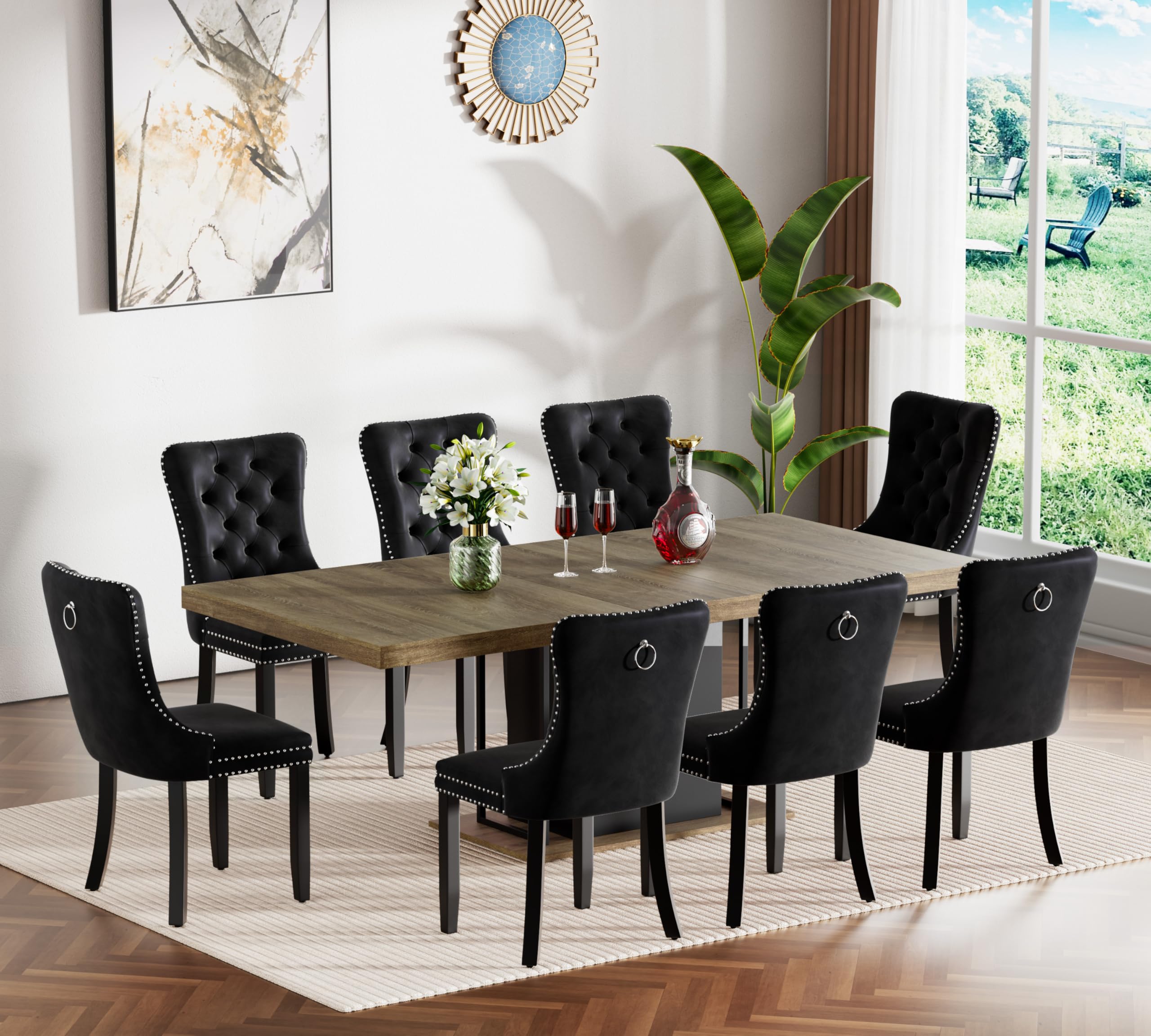 Henf 9-Piece Dining Table Set with 8 Upholstered Chairs, Rectangular Extendable Table Set for 8, Wood Dining Room Set for Kitchen Home, 78.74in (