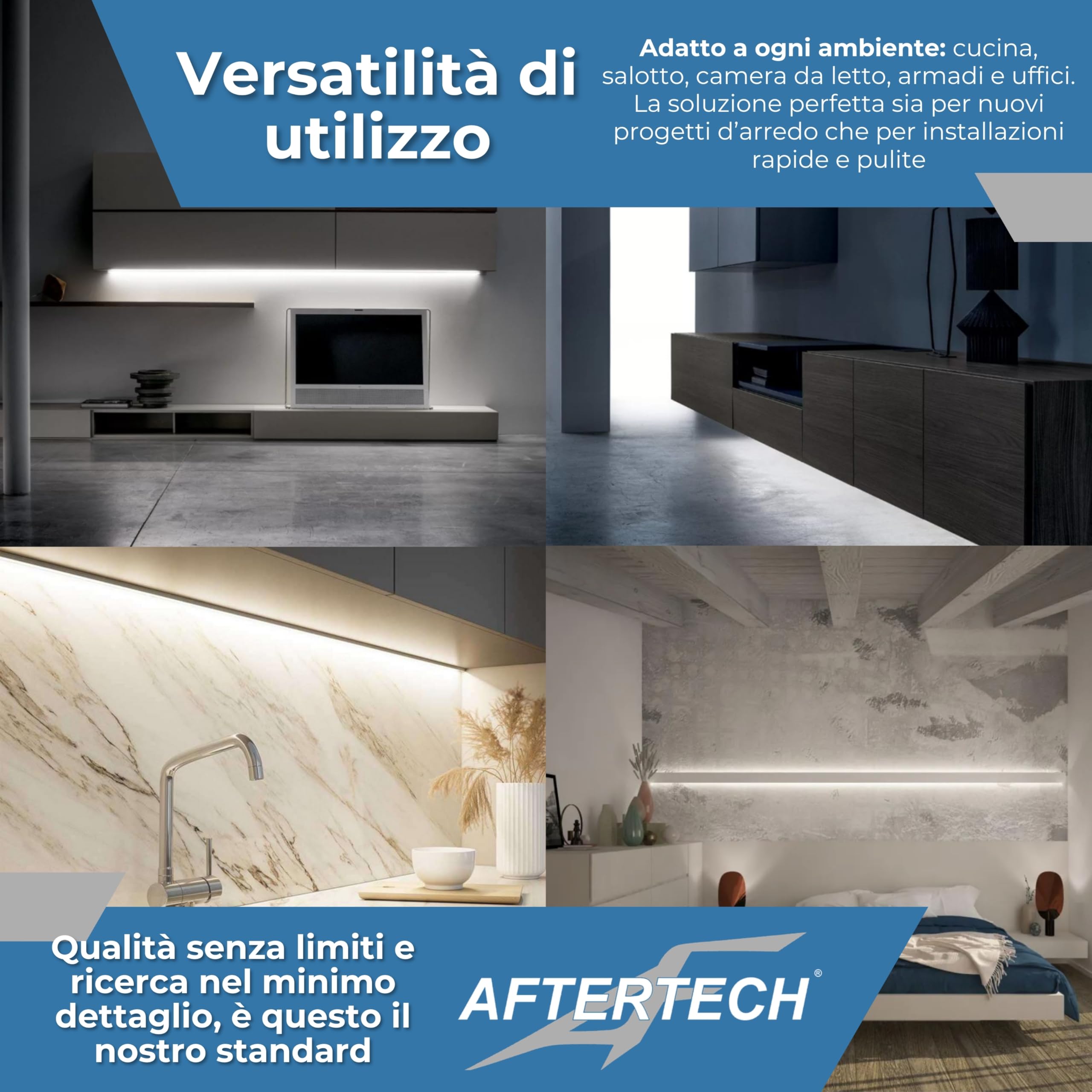 AFTERTECH Barra LED Profilo Alluminio PIATTO BIANCO SU MISURA al centimetro da 20 a 400cm in pezzo UNICO - LUCE POTENTE 19,2w/m 180led/m - PERSONALIZZABILE - MADE IN ITALY - Sottopensile Cucina
