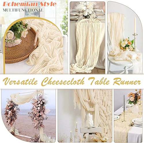 Miniatura 5 de Waligoy Paquete de 2 caminos de mesa de gasa beige de 35 pulgadas, camino de mesa de gasa bohemio de 120 pulgadas de largo, tela rústica