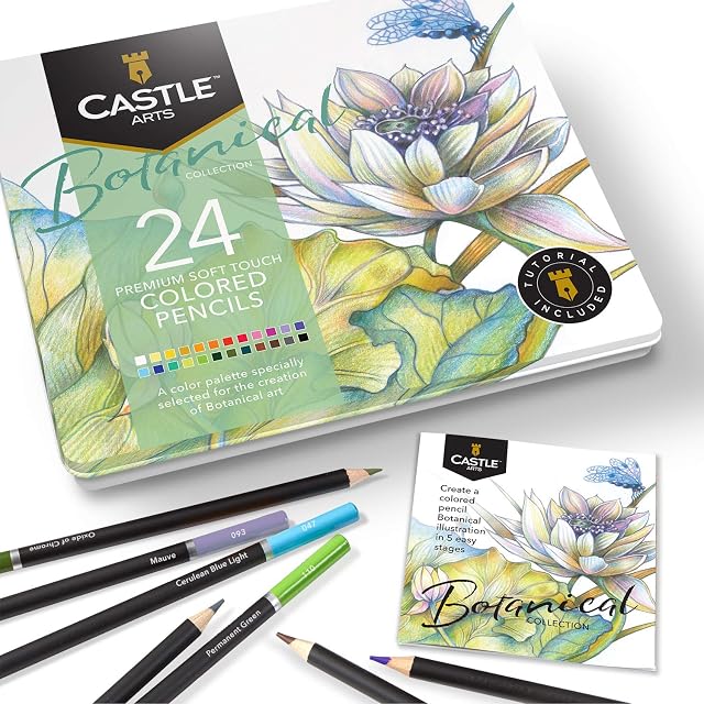 Castle Arts Themed 24 Coloured Pencil Set in Tin Box, perfect colours for Botanical Art. Featuring quality, smooth coloured cores, superior blending & layering performance for great results