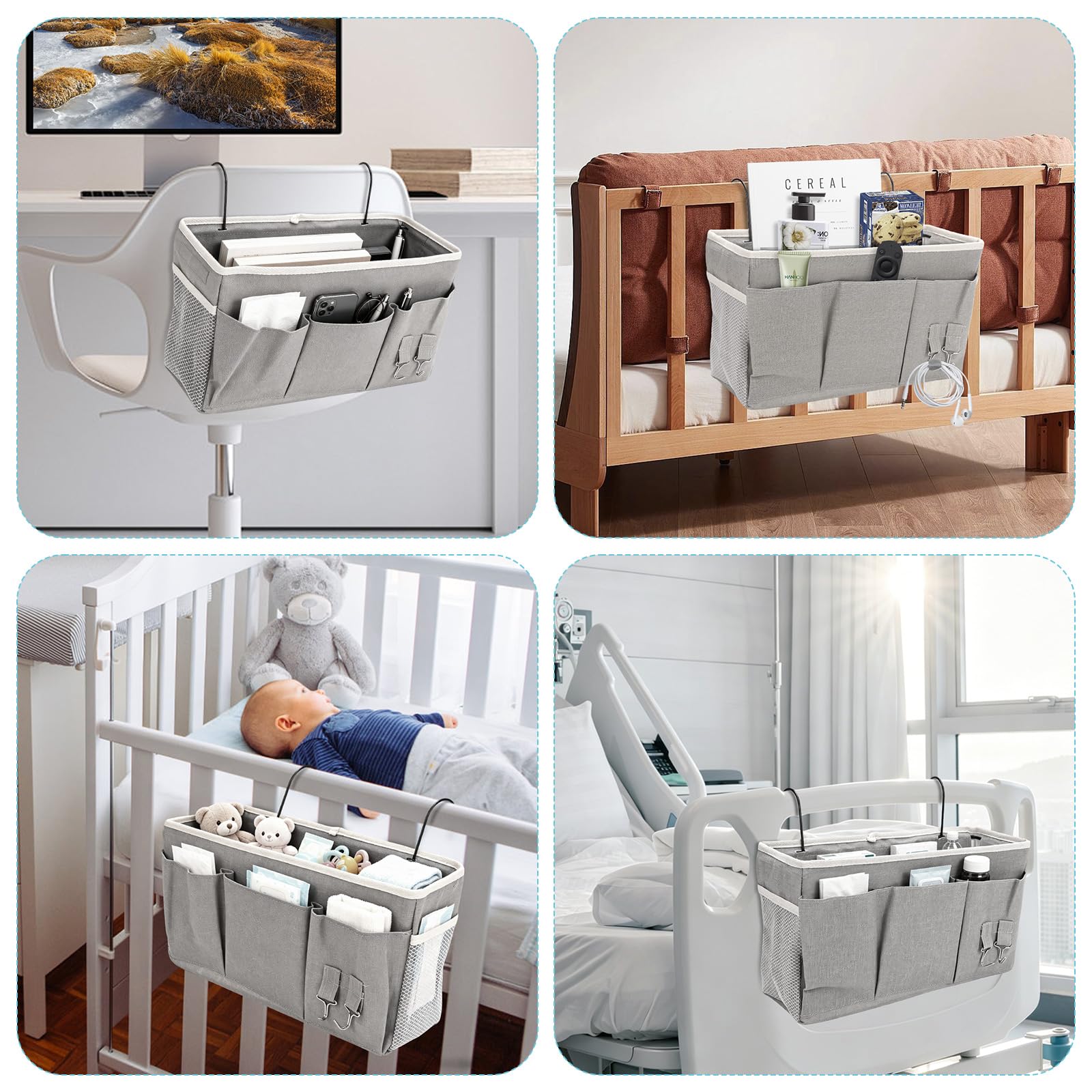 2pcs Confezione da Organizer da Appendere per Comodino con 3 Scomparti, Organizer da Appendere, Organizer da Porta, Mensola da Appendere, Borsa da Letto per Scuola, Dormitorio (Grigio)
