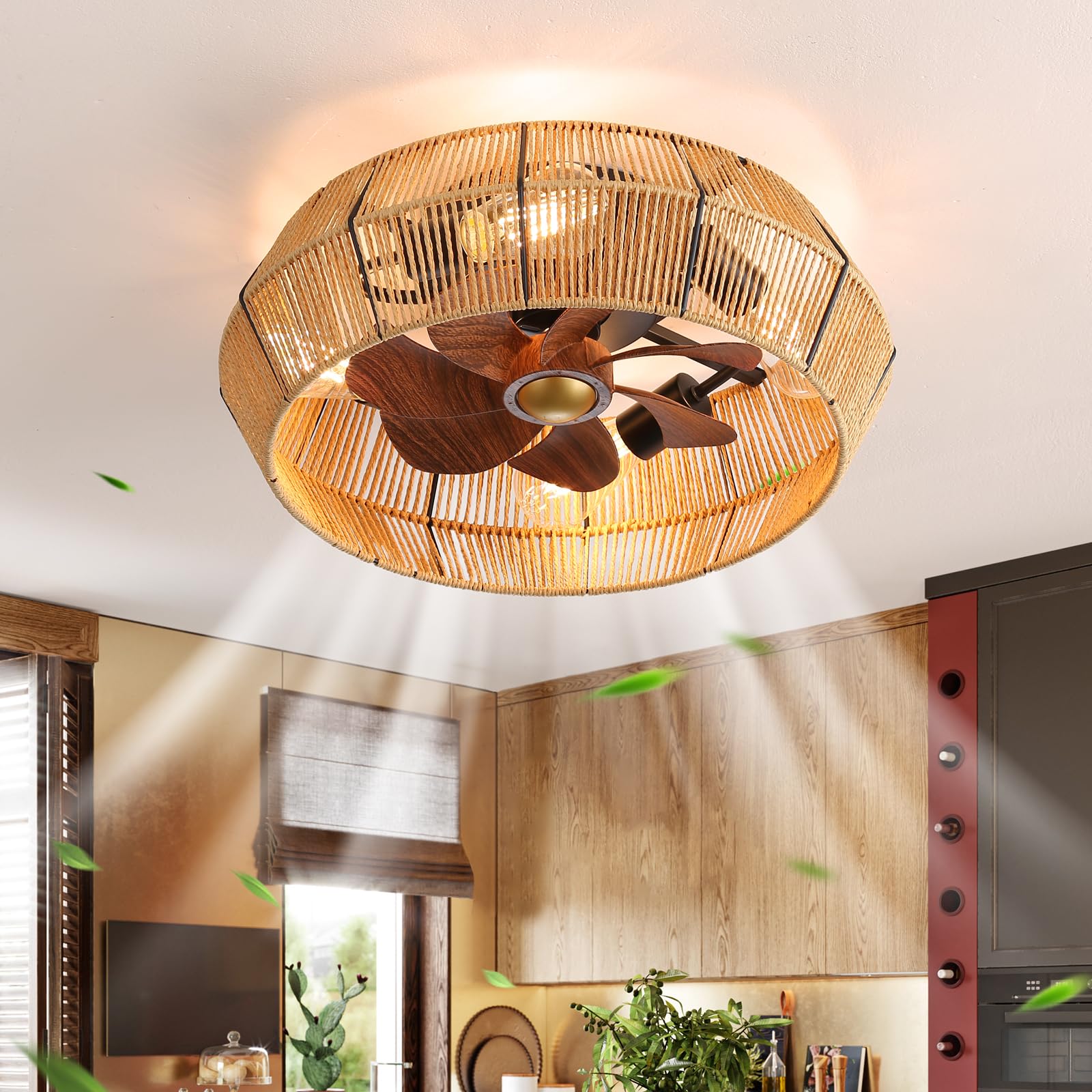 20 Inch Boho Woven Ceiling Light with Fan, Flush Mount Caged Ceiling Fan,Reversible Fan, Bedroom Ceiling Fan with Light and Remote & APP Control