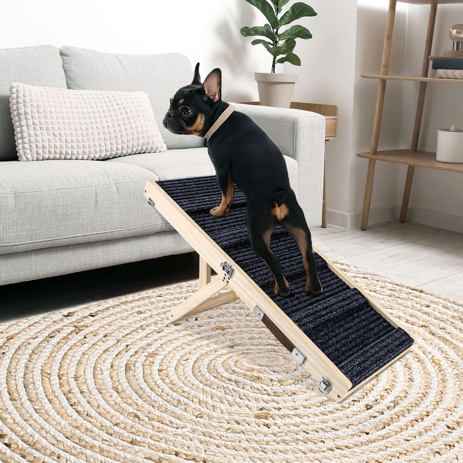 Okydoky Small Dog Ramp, Adjustable Portable Folding Wooden Pet Ramp, 32" Long with Non-Slip Traction Mat, Adjustable from 9" to 17.5", Dog Climbing Ladder for Sofa,Couch,Car (Grey) NO.LGPT1
