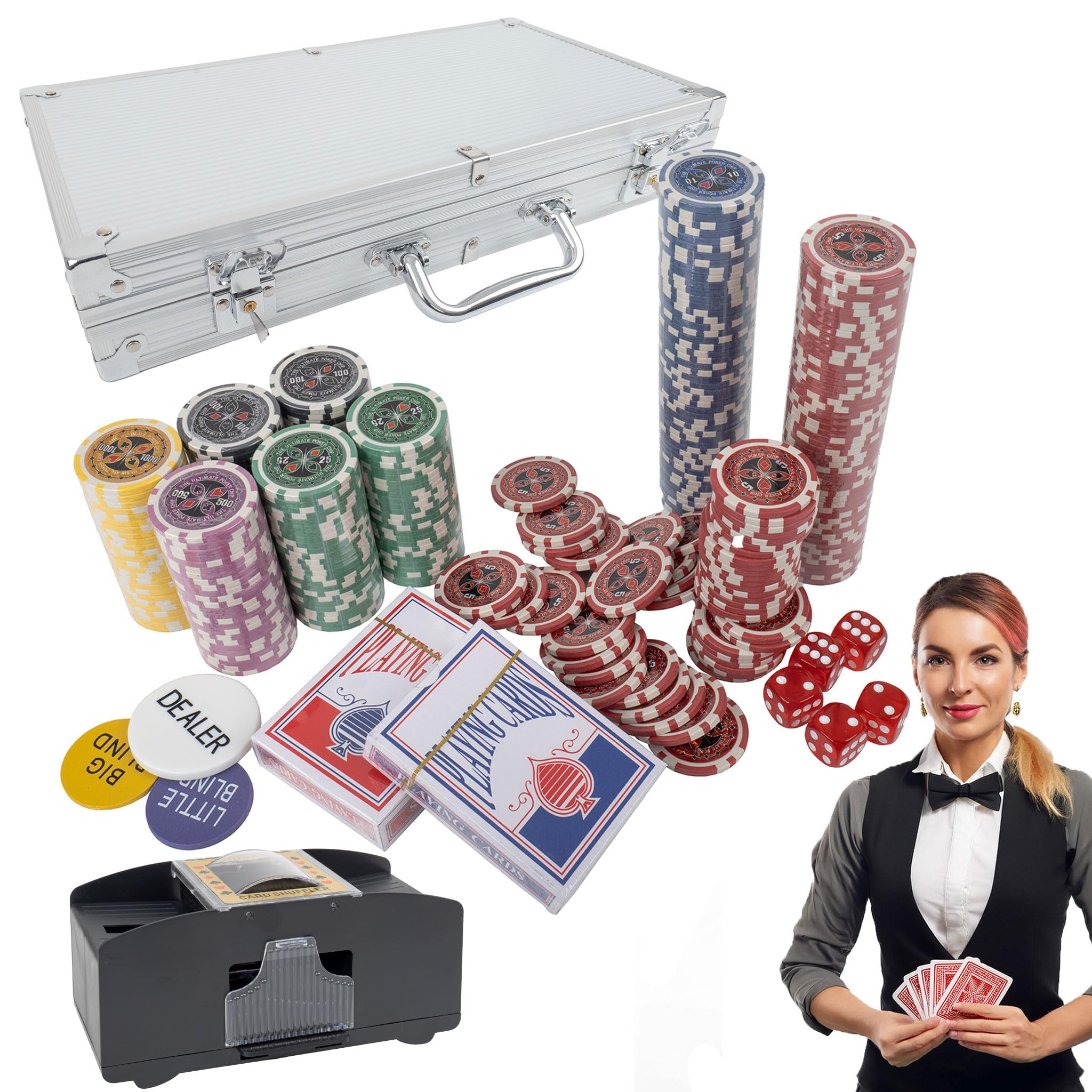 H&F Heimtextilien Set da poker Premium – 300 chip pesanti di alta qualità, 2 mazzi di carte, dadi, pulsante dealer, valigetta in alluminio, set da gioco professionale + mixer per carte