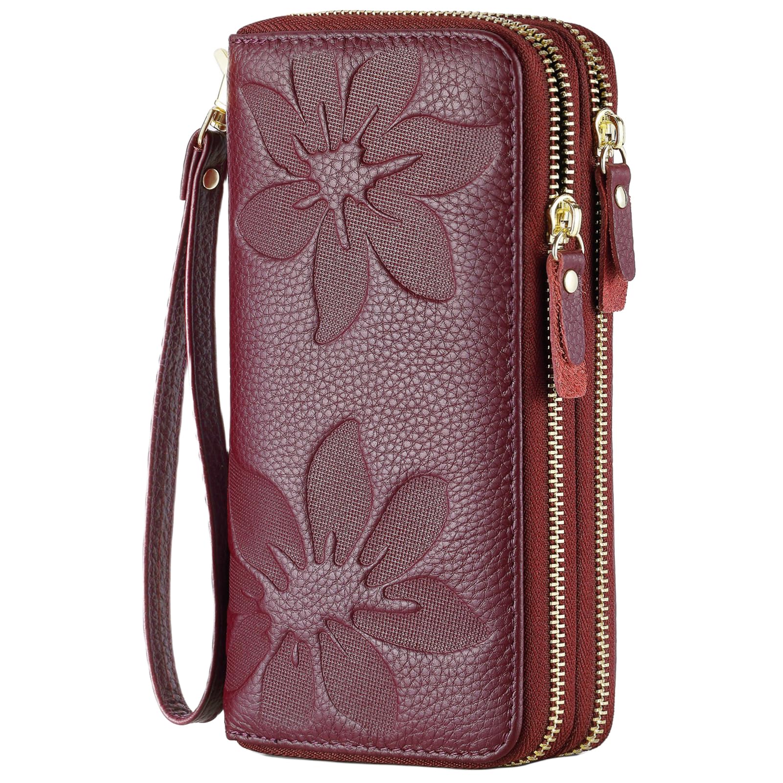 Bakurok Wallets for Women Wristlet RFID Blocking Genuine Leather Double Zipper Credit Card Holder Large Ladies Clutch Purse