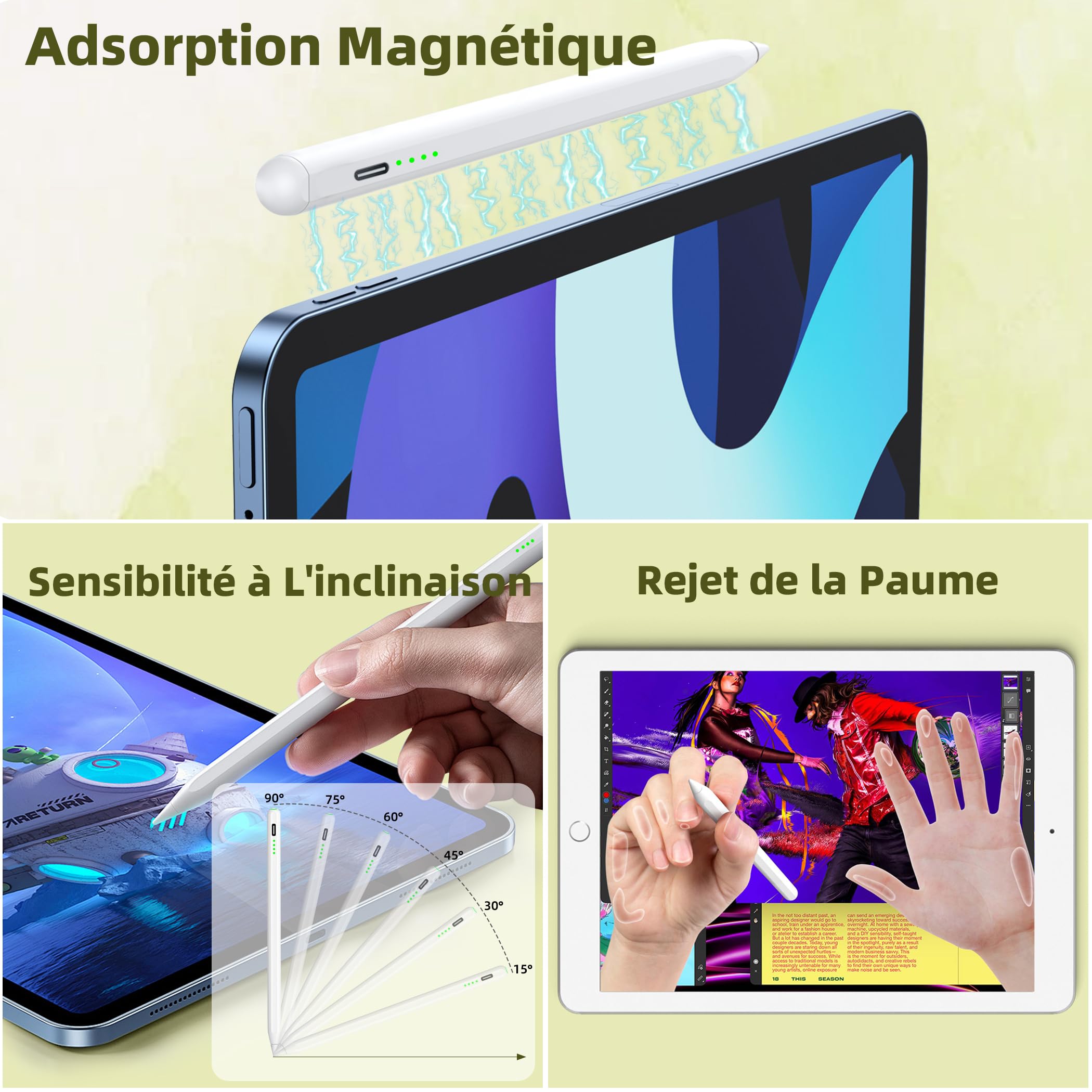 Stylet pour iPad (2018-2024) Apple Pencil avec rejet de la Paume