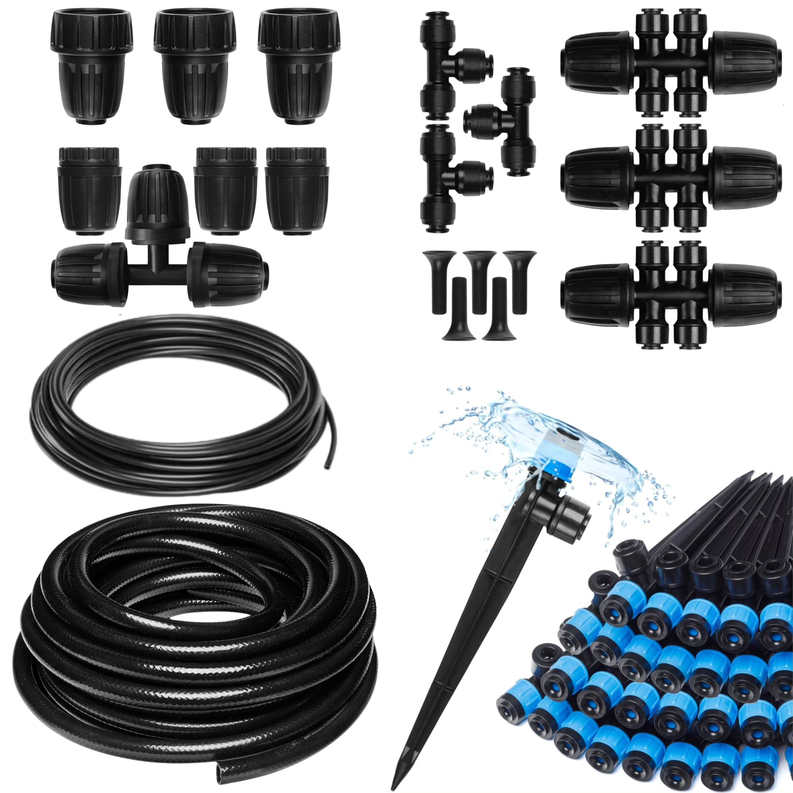 CARPATHEN1/2" Black Plastic Drip Irrigation Tubing - 150 ft (50 ft Mainline + 100 ft 1/4" Drip Tubing) with Fittings Pack, T-Shape Splitter, 30pcs Emitters