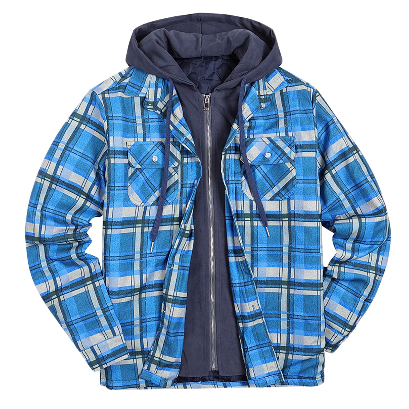 Herren Thermohemd Gefüttert Kariert Holzfällerhemd Warm Winterjacke Outdoor Arbeitshemd Karohemd mit Kapuze Männer Hemdjacke(Size:S,Color:Blau)