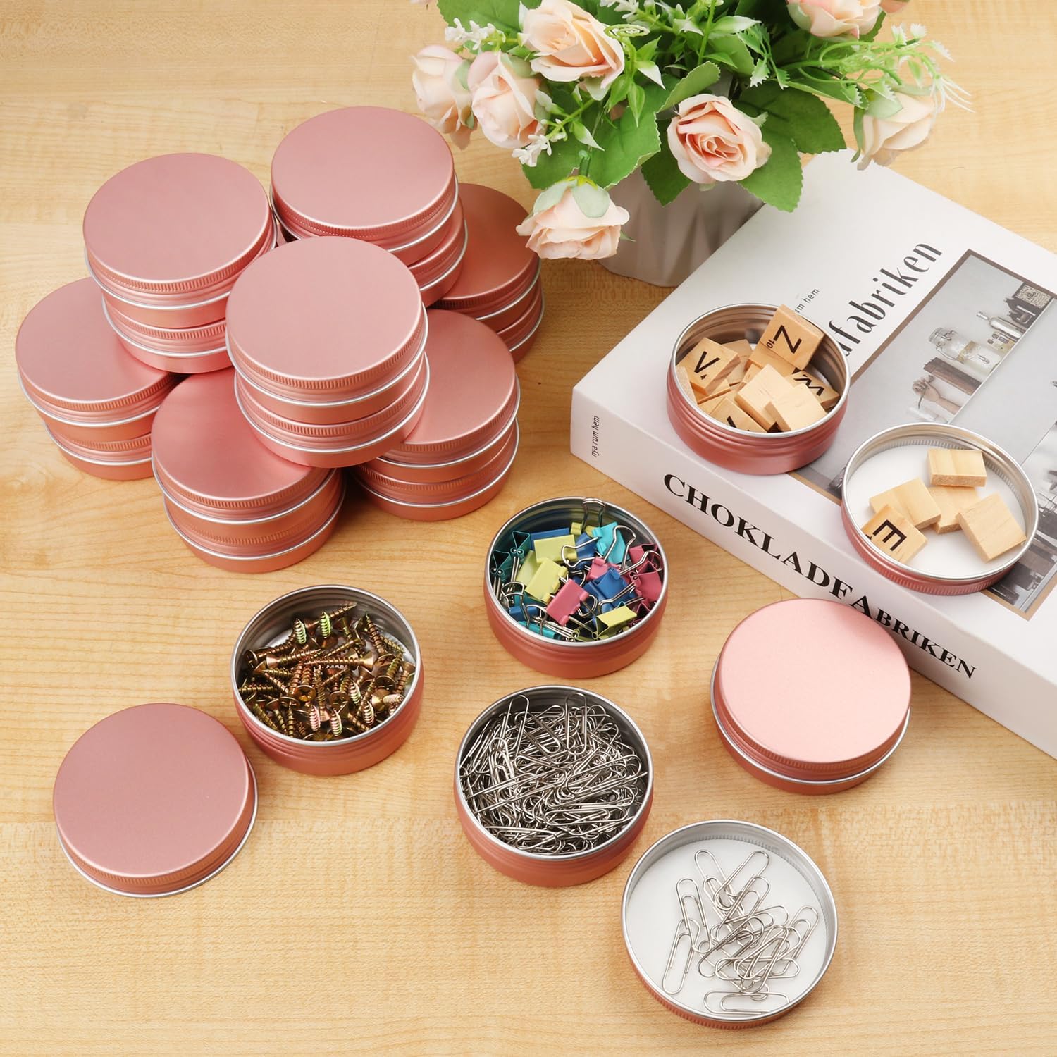 44 Pcs 2 Ounce Aluminum Tins with Screw Tops, Round metal tin with Screw Lids, 2 oz Round Cans with Lid for Cosmetics, Lip Balm, Spices, and More(Rose Gold)