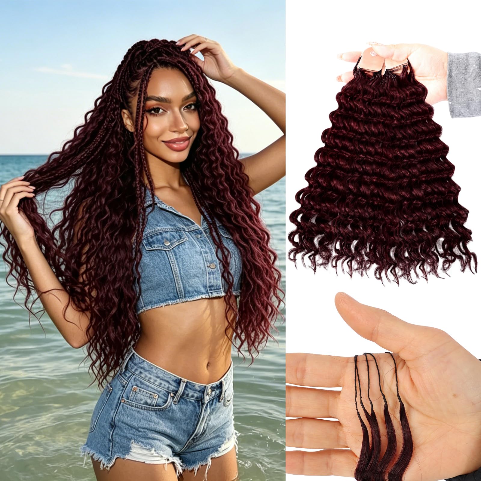 Photo 1 of Miracle Knots Crochet Human Hair, Deep Wave Pre-Separated Crochet Hair for Black Women, Easy Install Hook Design, Invisible Natural Look,Boho Hair 100 Strands 14 Inch 120g(99J#)