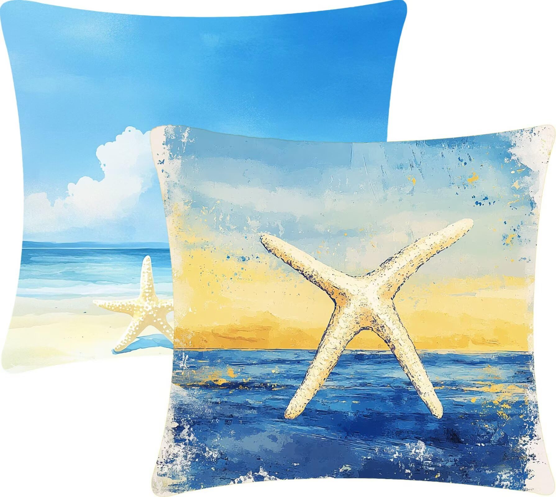 Housse de coussin 65x65 bleu en lin lot de 2 avec fermeture éclair pour canapé