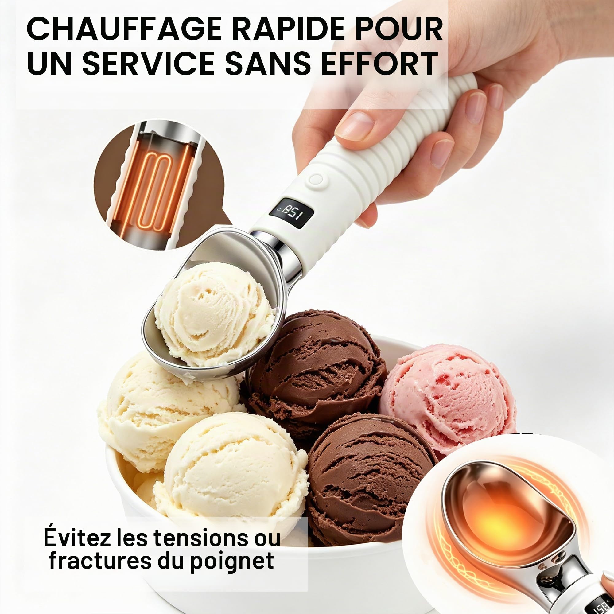 Cuillère à Glace Chauffante Rechargeable Écran LED Alliage Zinc | 2 niveaux de température, étanche IP67, alliage zinc alimentaire, charge USB-C, arrêt auto, adapté glace sorbet yaourt glacé