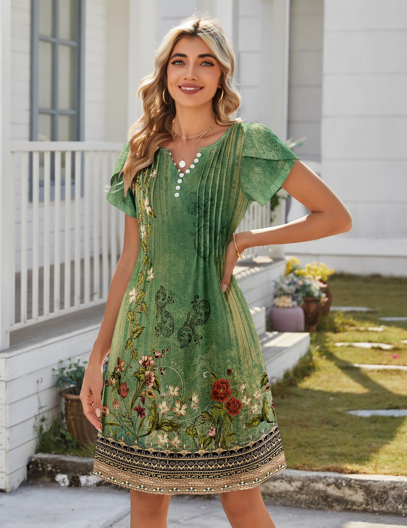 Zeagoo Vestito Estivo Donna Casual Scollo a V Vestiti Maniche Corte Abito Elegante Pieghe al Ginocchio con Bottoni e Tasche S-XXL