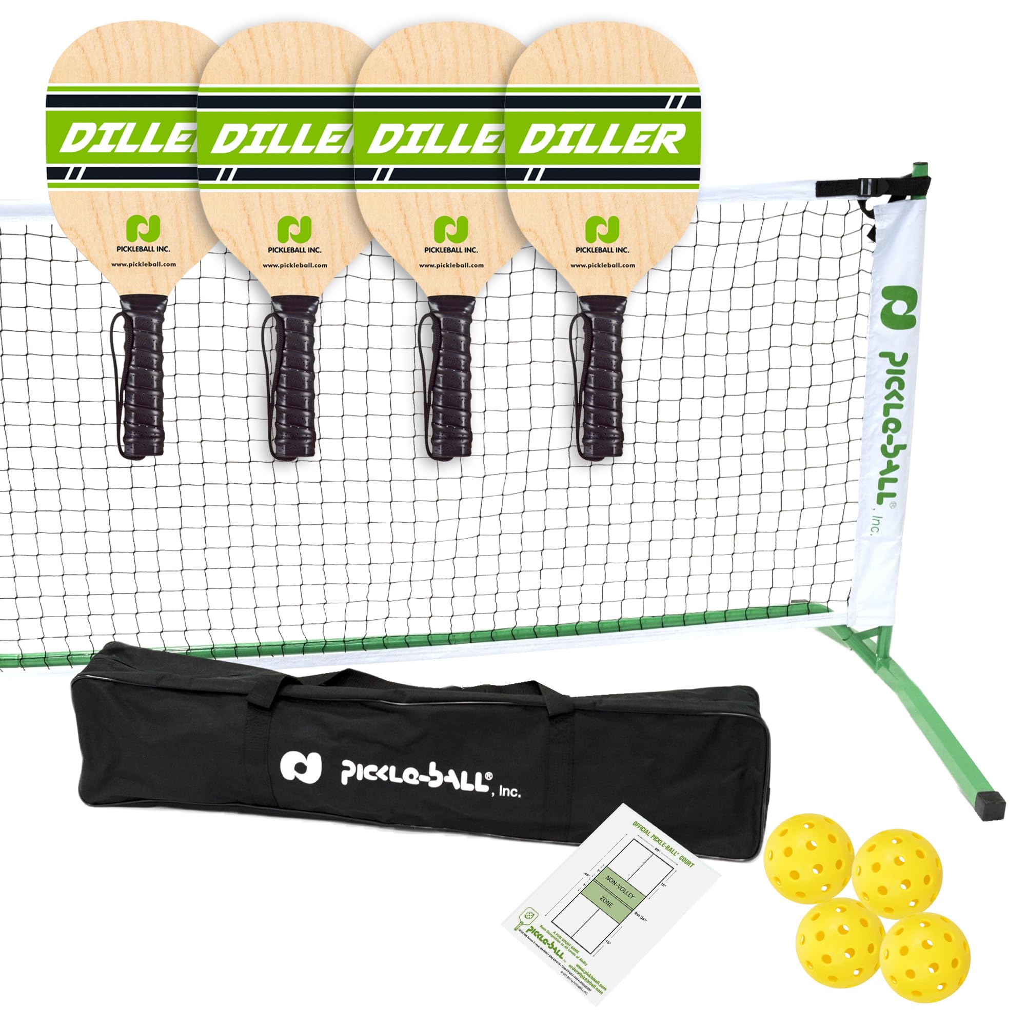Pickle-Ball, Inc. Diller Pickleball Set con red portátil 3.0 para torneos y bolsa de transporte, palas Diller, Pickleball, hoja de reglas