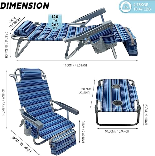 Miniatura 3 de Silla de playa tipo mochila de aluminio, paquete de 2 con mesa de camping plegable, 5 posiciones, silla de descanso plana para exteriores para