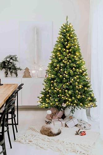 Miniatura 8 de YULETIME Árbol de Navidad preiluminado de 6.5 pies, árbol decorativo artificial verde con bisagras con 300 luces LED de color blanco cálido (6.5