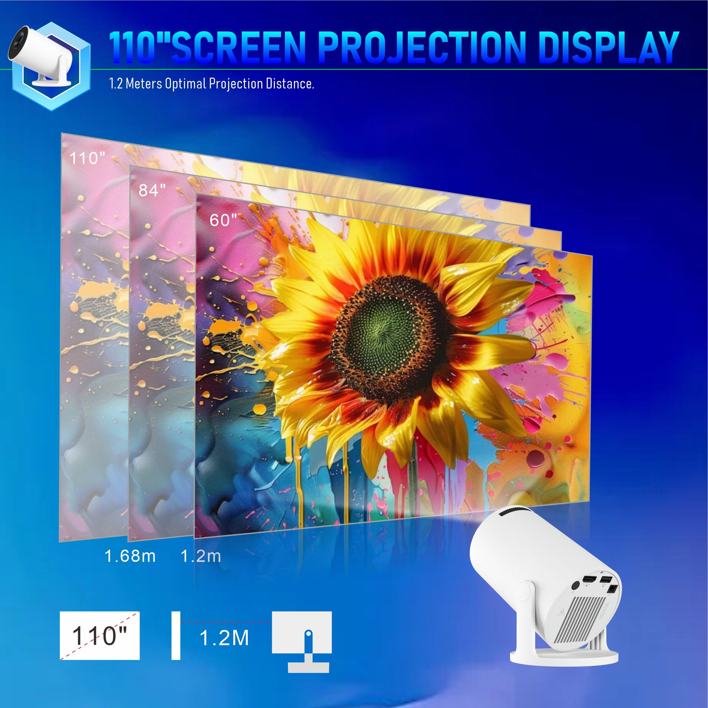Portable Video Projecteur Mini Projecteur 4K Videoprojecteur WiFi 6 BT5.4 Android 11 Retroprojecteur 1080P Full HD Supporté pour TÉLÉPhone PC Lap HDMI Home Cinéma 180° Rotation (Middle)