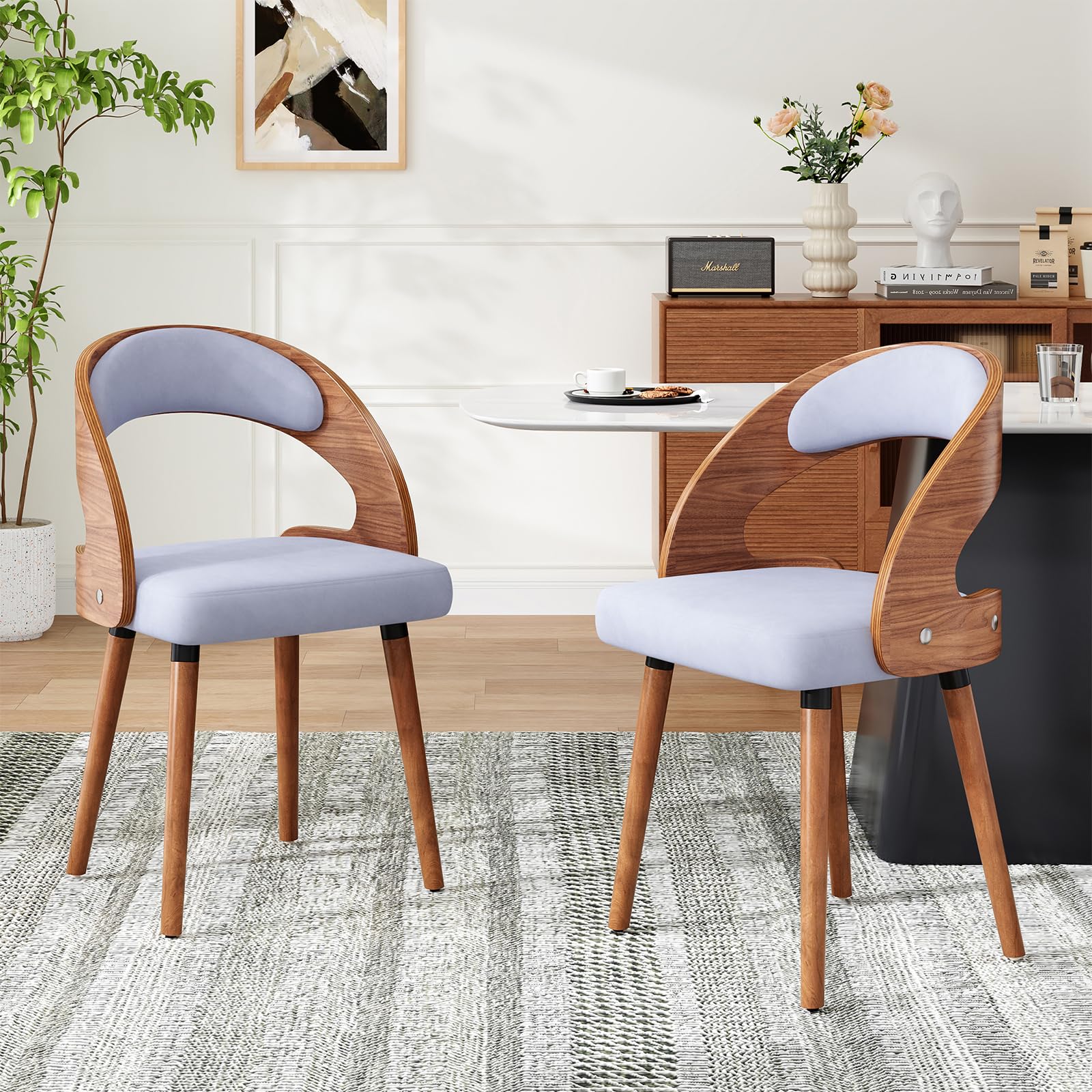 Farini Wood Dining Chairs, Set of 2 Modern Upholstered Dining Chairs with Curved Backrest for Kitchen, Dining Room, Living Room, Khaki