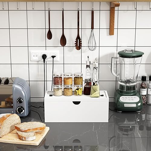 Miniatura 5 de Caja de organización de cables de bambú, caja organizadora de cables grande para ocultar cables y tiras de alimentación para almacenamiento de