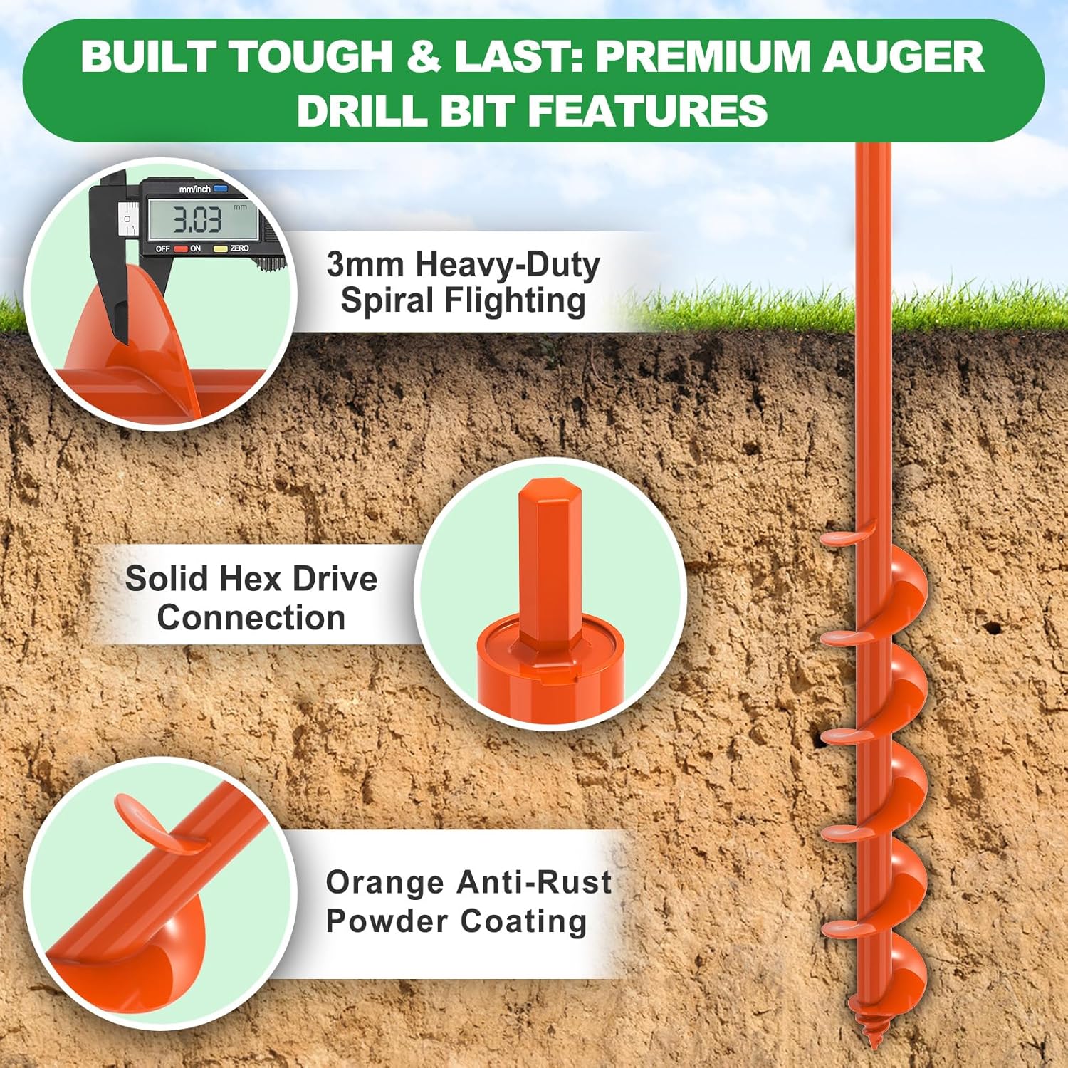 SELEWARE Auger Drill Bit for Planting - 3"x 32" Heavy-Duty Garden Auger Drill Bit, Fits 3/8" Hex Drive Drill - Bulb Planter Tool, Auger Post Hole Digger for Bulbs, Flowers, Fence Posts