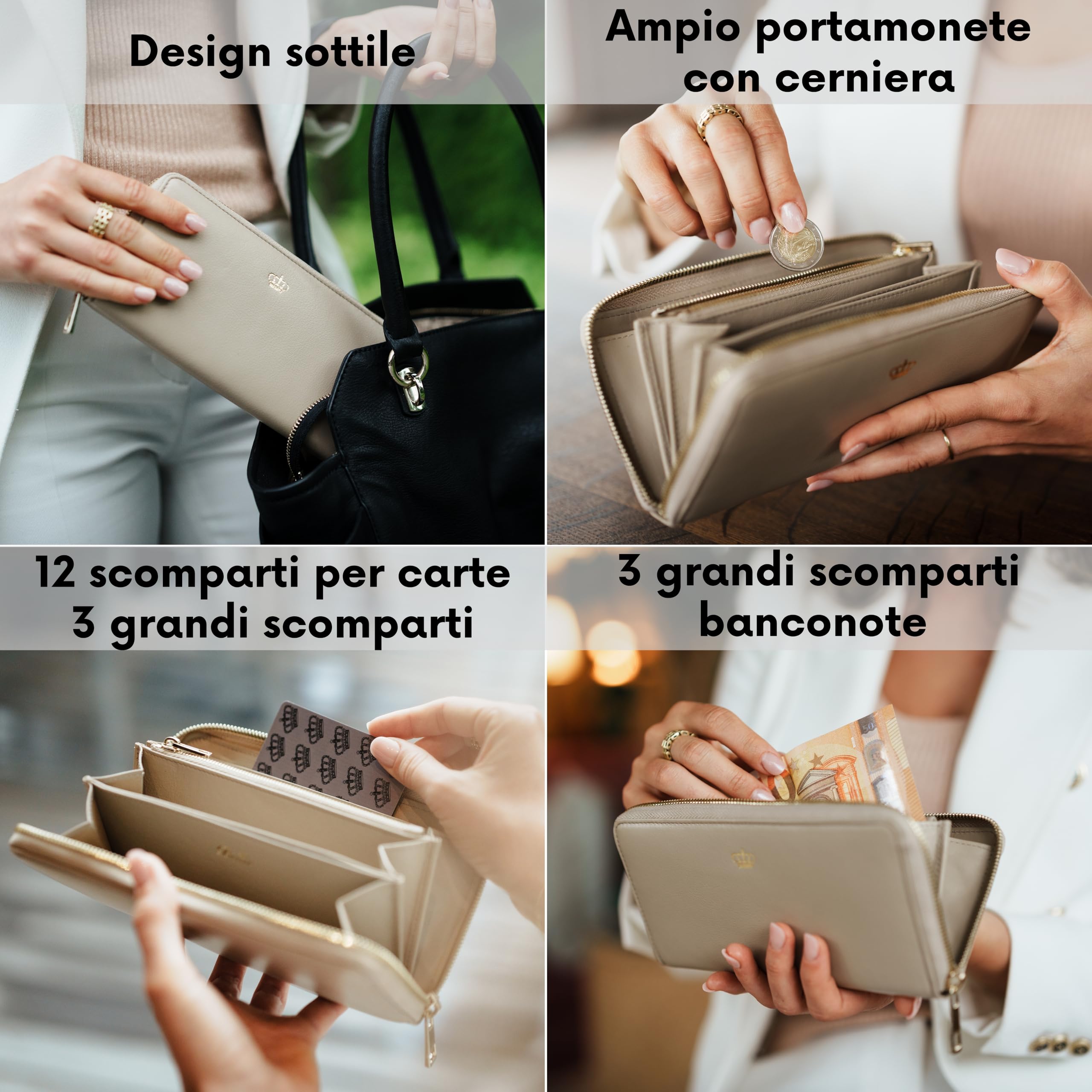 Baur portafoglio da donna – vera pelle nappa con protezione RFID – portafoglio grande con 12 scomparti carte e scomparto monete – cerniera metallica a tutto giro (Cerniera oro, Beige)