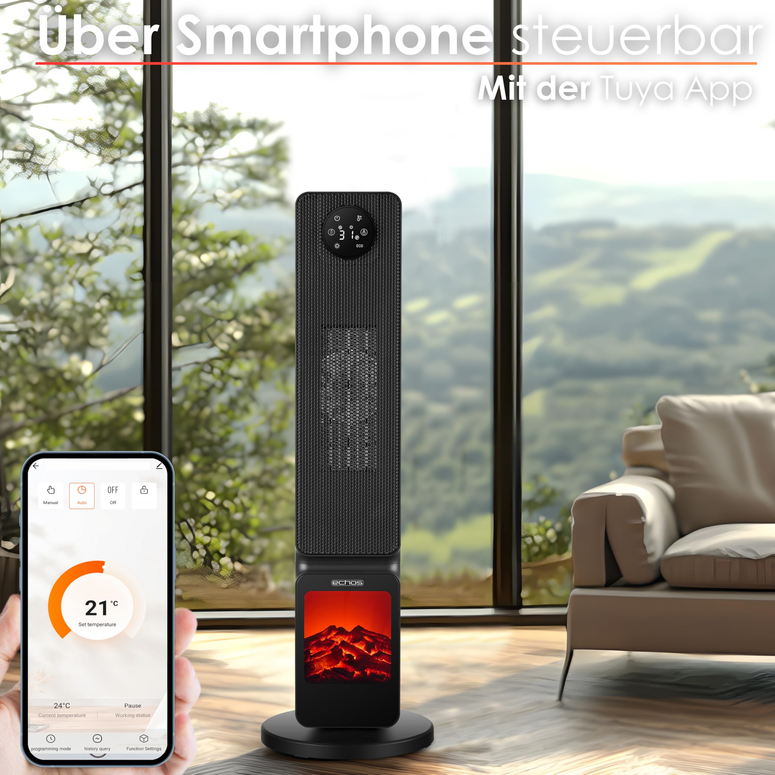 Calefactor con ilusión de chimenea, ahorro de energía, oscilante, protección contra sobrecalentamiento, 2000 W, 2 niveles, controlable mediante smartphone con aplicación Tuya, calefactor silencioso