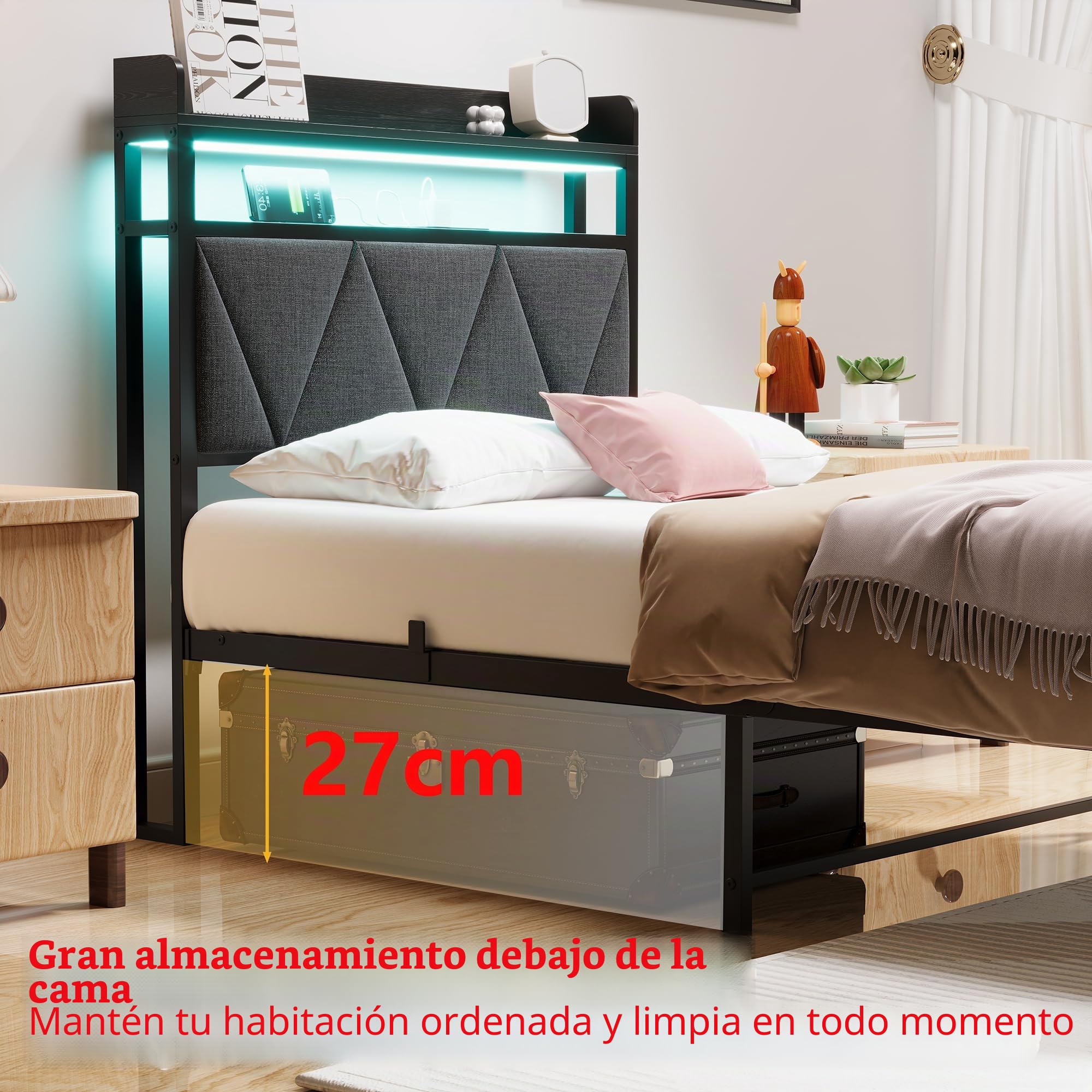Estructura de cama de 90 x 200 cm con cabecero tapizado de madera con dos estantes, estación de carga, luces LED, estructura de cama metálica robusta, no se necesita somier tapizado