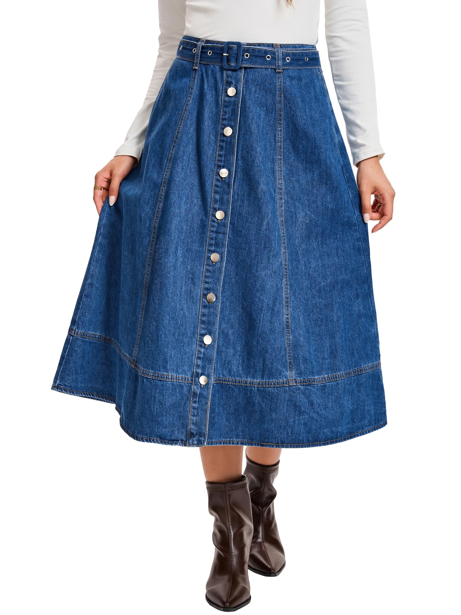 Damen Vintage Knopfleiste Ausgestellter Midi Jeansrock