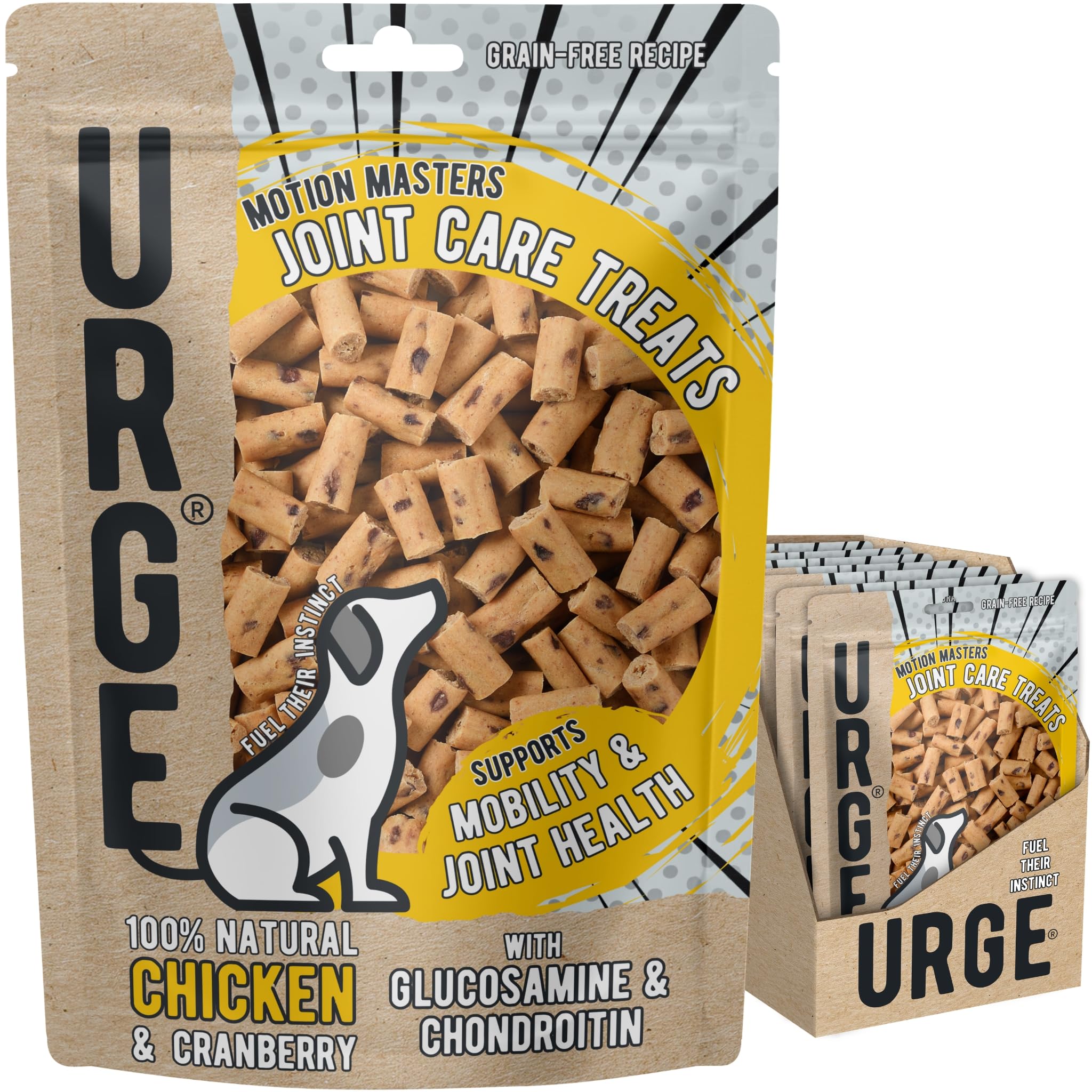 URGE Motion Masters Joint Care Daily Dog Treats - 8 x 100g Bags - 100% Natural Chicken & Cranberry with Glucosamine & Chondroitin - 100% Grain Free - Supports Mobility & Joint Health