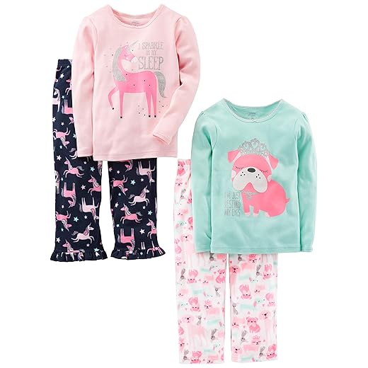 Simple Joys by Carter's Girls' 4-Piece Pajama Set (Cotton Top & Fleece Bottom), Mint Green Puppy/Navy/Pink Unicorn/White Dogs, 7