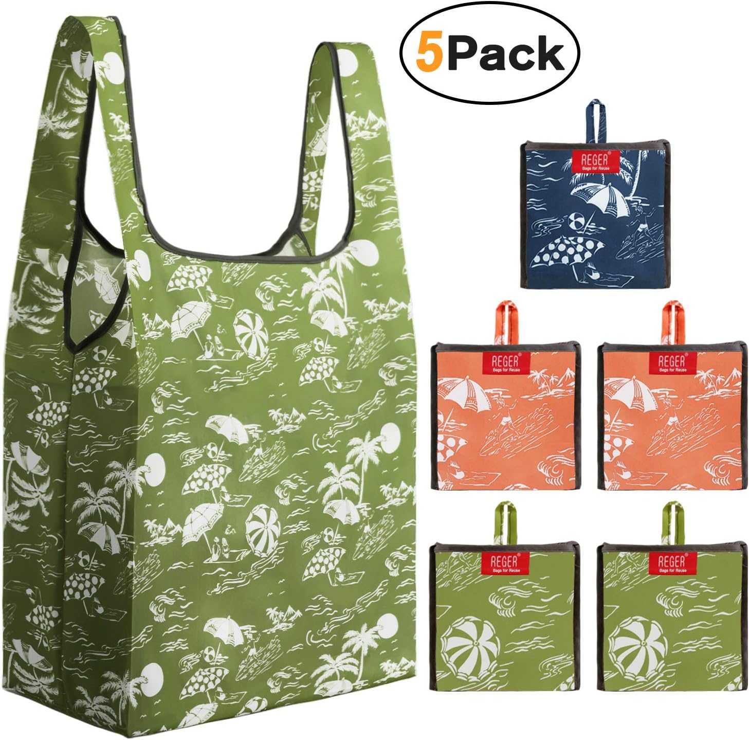 REGER Reusable Grocery Shopping Bags Bulk Pack 5 Foldable Grocery Bags Fit Built-in Pouch 50lbs Ripstop Polyester Grocery Shopping Tote Bags Cute Gift Bag Light Weight Flat Bottom Beach