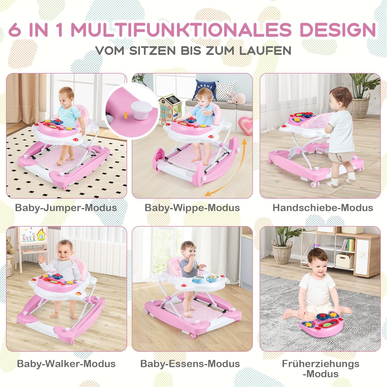 COSTWAY 6 in 1 Lauflernhilfe, Lauflernwagen mit abnehmbarem Spielboard & Fußpolster, Baby Walker höhenverstellbar & klappbar, Laufwagen mit Musik & Licht, Gehfrei baby ab 6 Monaten (Rosa)