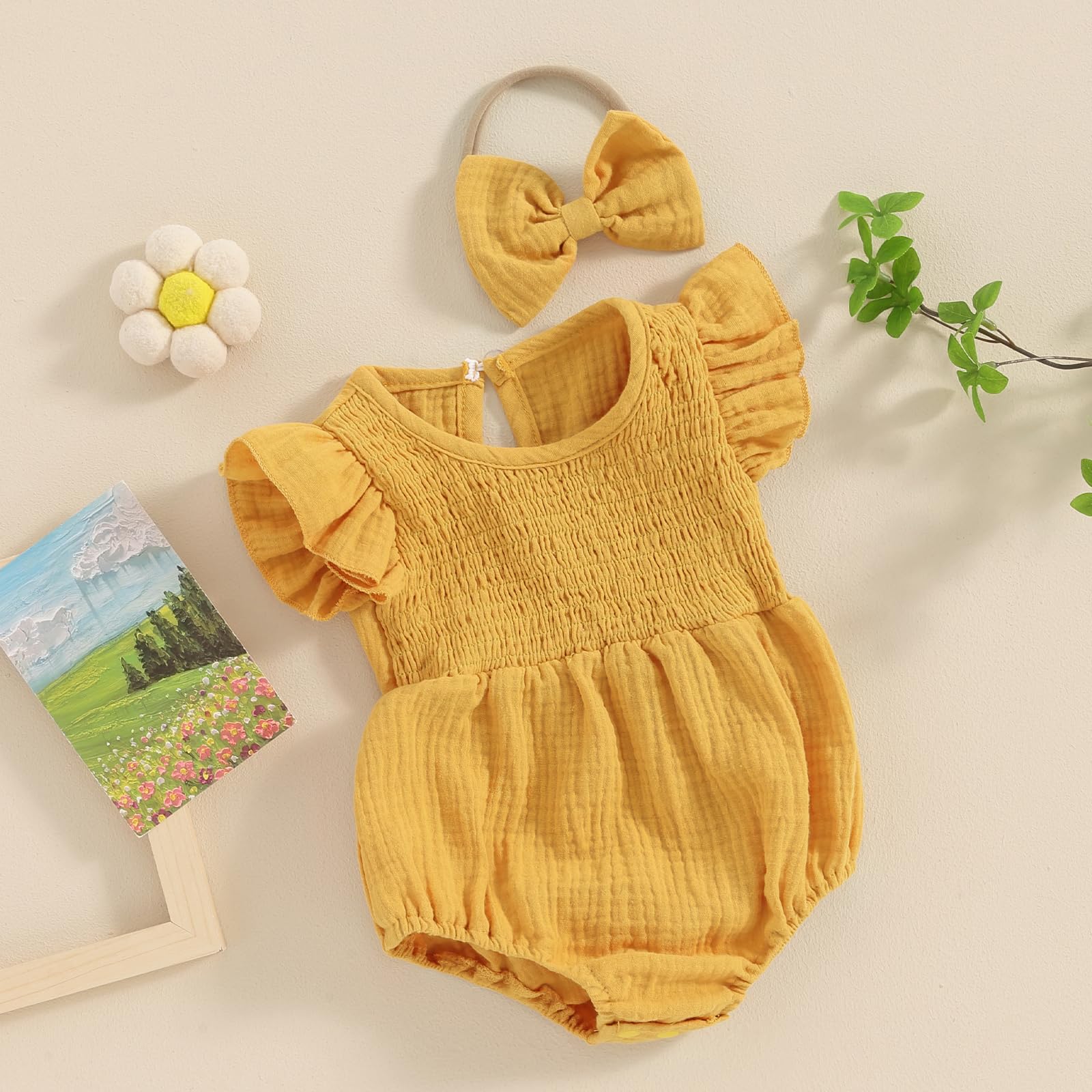 Newborn Baby Girl Bubble Romper Ruffle Sleeve Smocked Jumpsuit with Headband Cute Infant Summer Clothes 0 3 6 12 18 Months (Yellow, 12-18 Months)