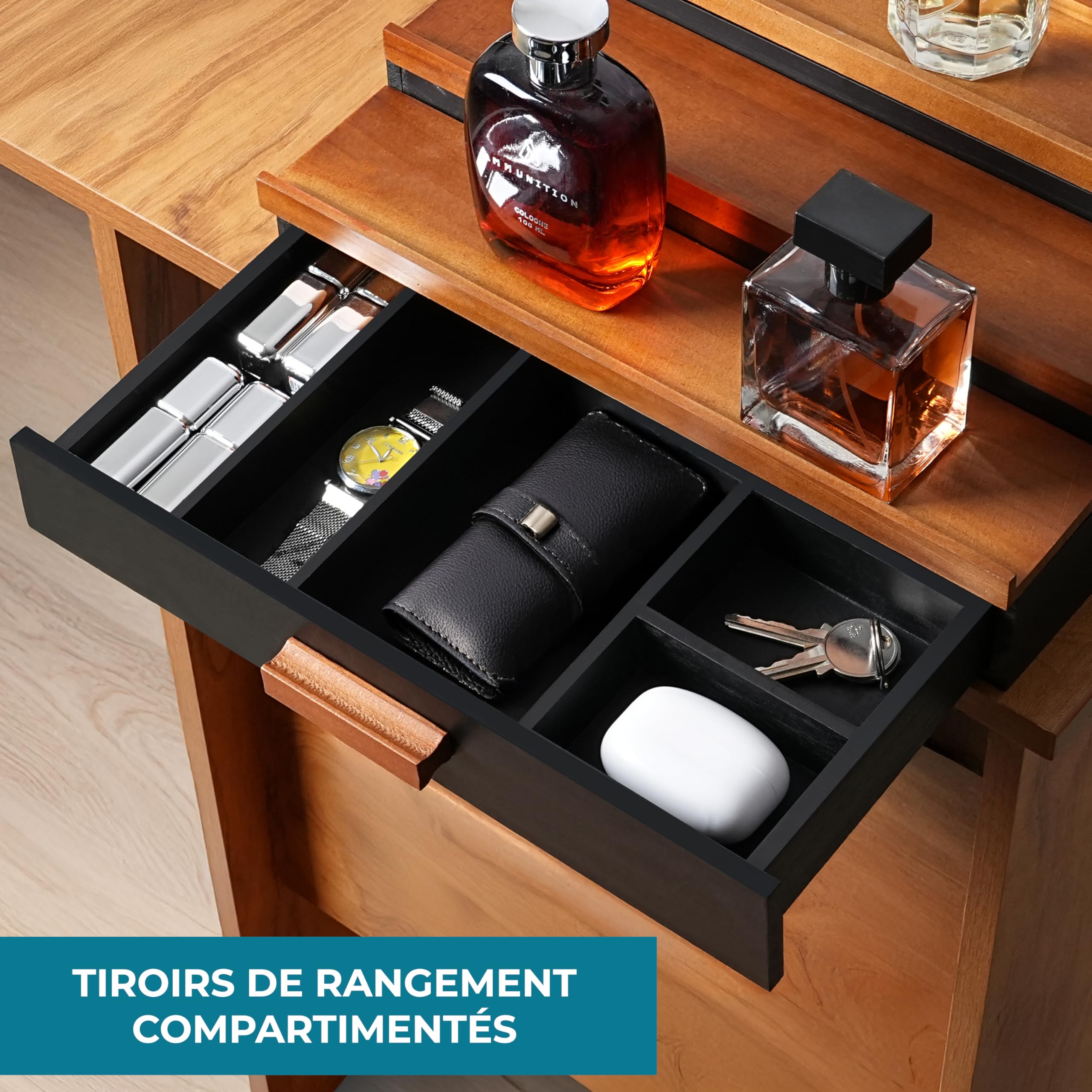Winter Shore Presentoir Escalier en Bois avec Tiroir - Support Parfum avec Tiroir - Presentoir Parfum pour Hommes - Organisateur Coiffeuse - Rangement Parfum Organisateur à 3 Niveaux pour Comptoir